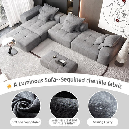 Canapé modulaire moderne surdimensionné en chenille, capitonné, avec 6 oreillers et pouf pour le salon