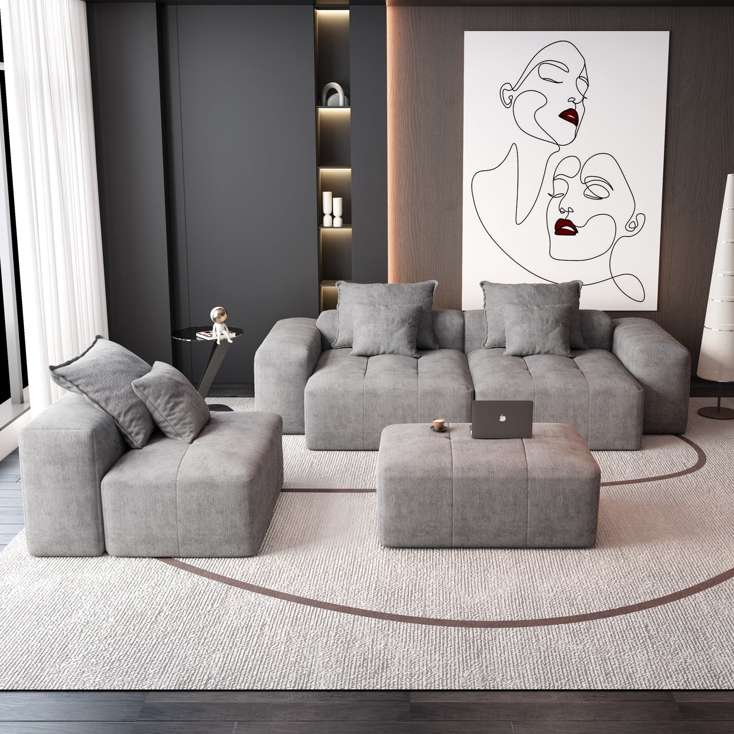 Canapé modulaire moderne surdimensionné en chenille, capitonné, avec 6 oreillers et pouf pour le salon