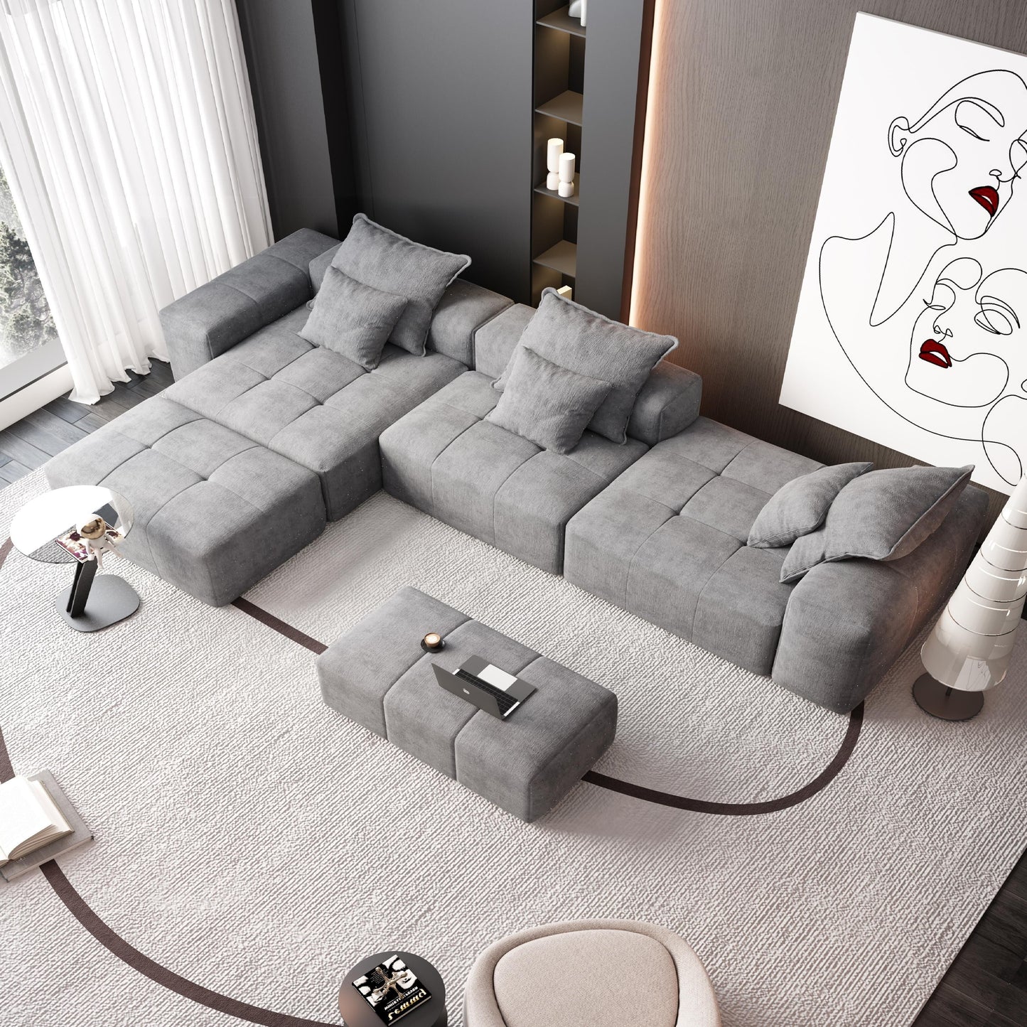 Canapé modulaire moderne surdimensionné en chenille, capitonné, avec 6 oreillers et pouf pour le salon