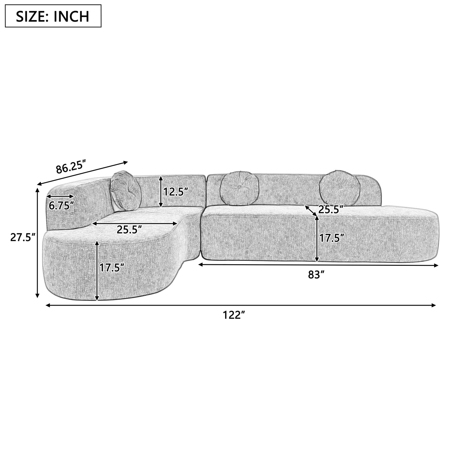 Canapé sectionnel incurvé surdimensionné moderne 4 places avec 3 coussins ronds pour le salon
