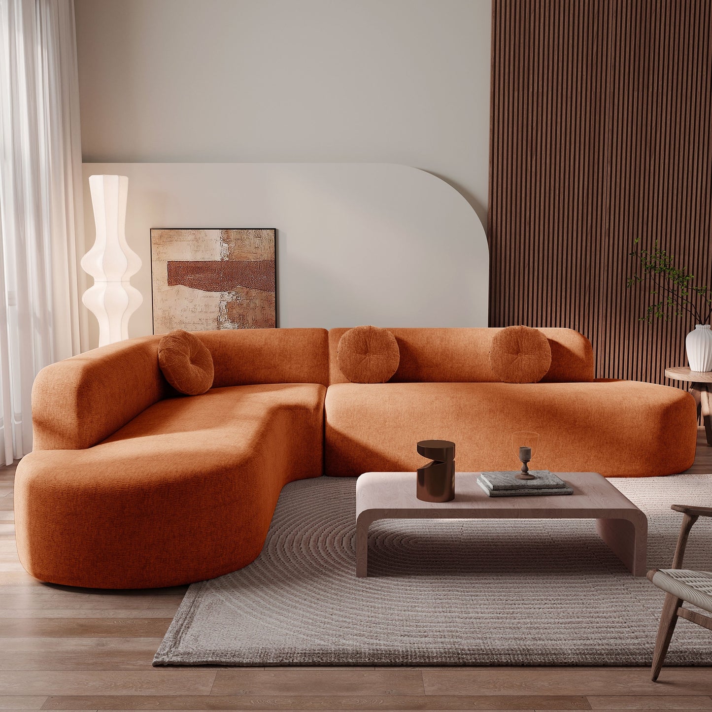 Canapé sectionnel incurvé surdimensionné moderne 4 places avec 3 coussins ronds pour le salon