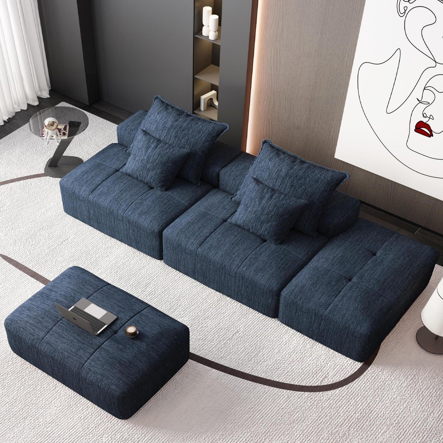 Canapé modulaire moderne surdimensionné en chenille avec 2 poufs, 2 places et 4 coussins pour le salon