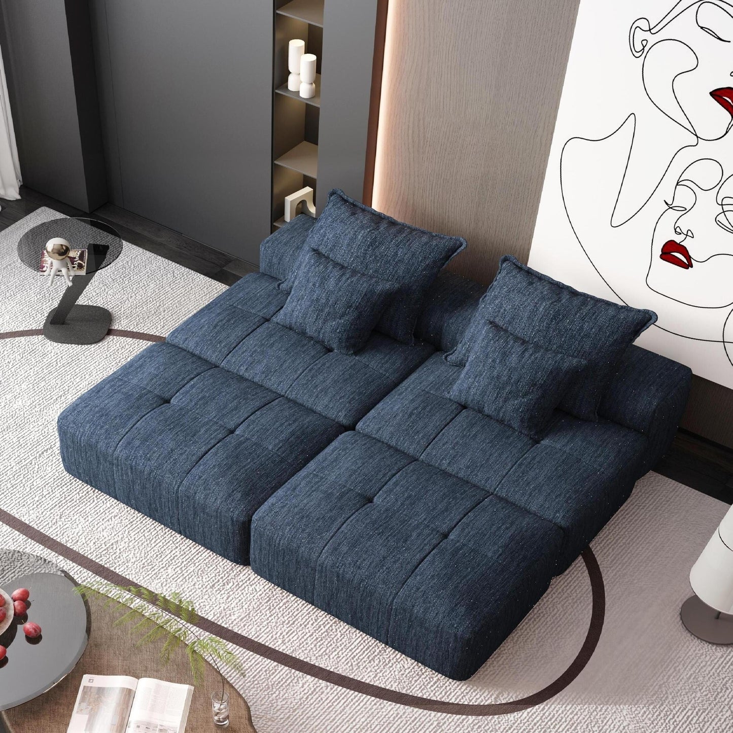 Canapé modulaire moderne surdimensionné en chenille avec 2 poufs, 2 places et 4 coussins pour le salon