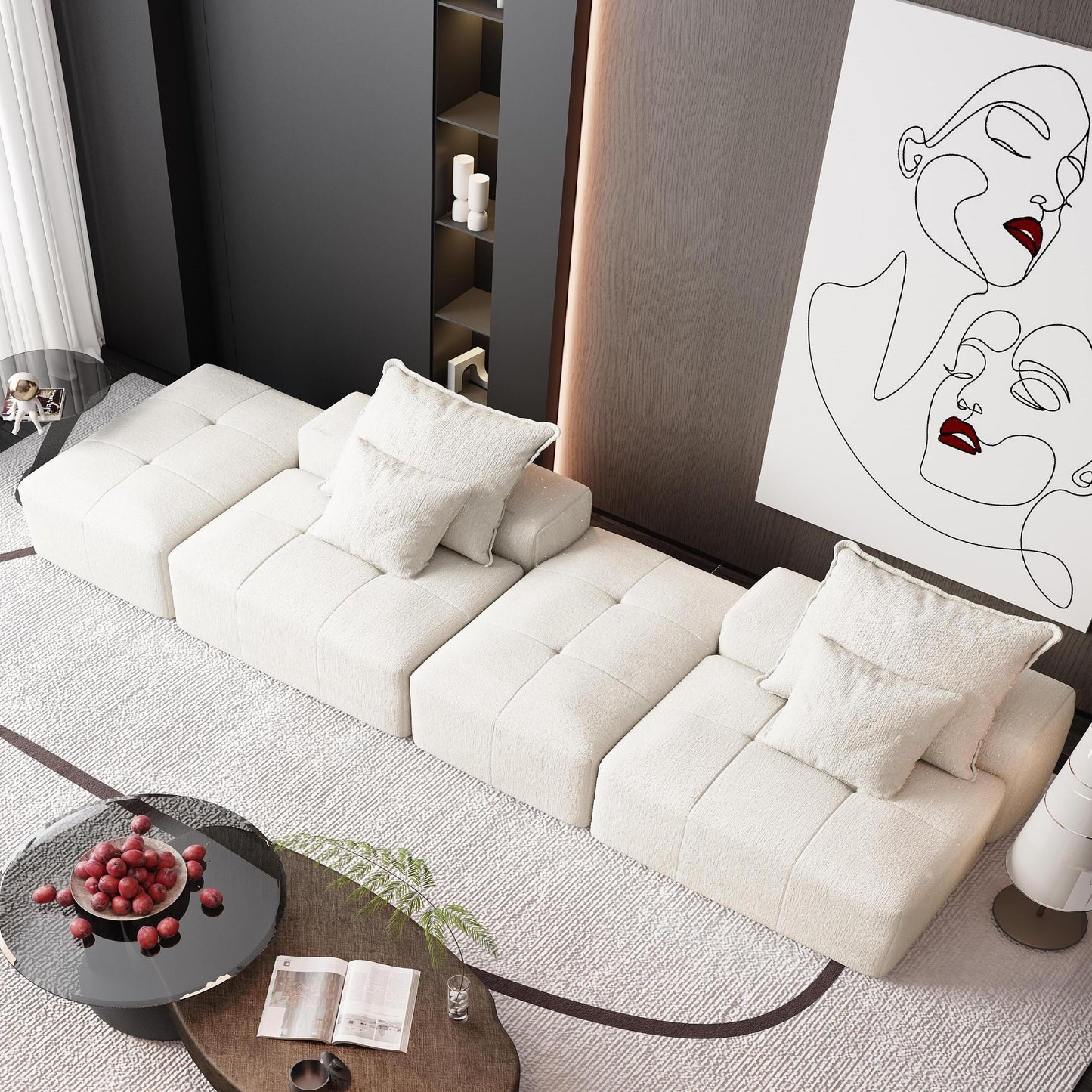 Canapé modulaire moderne surdimensionné en chenille avec 2 poufs, 2 places et 4 coussins pour le salon