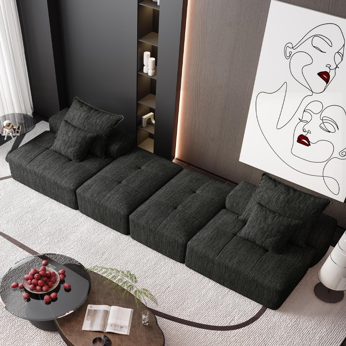 Canapé modulaire moderne surdimensionné en chenille avec 2 poufs, 2 places et 4 coussins pour le salon