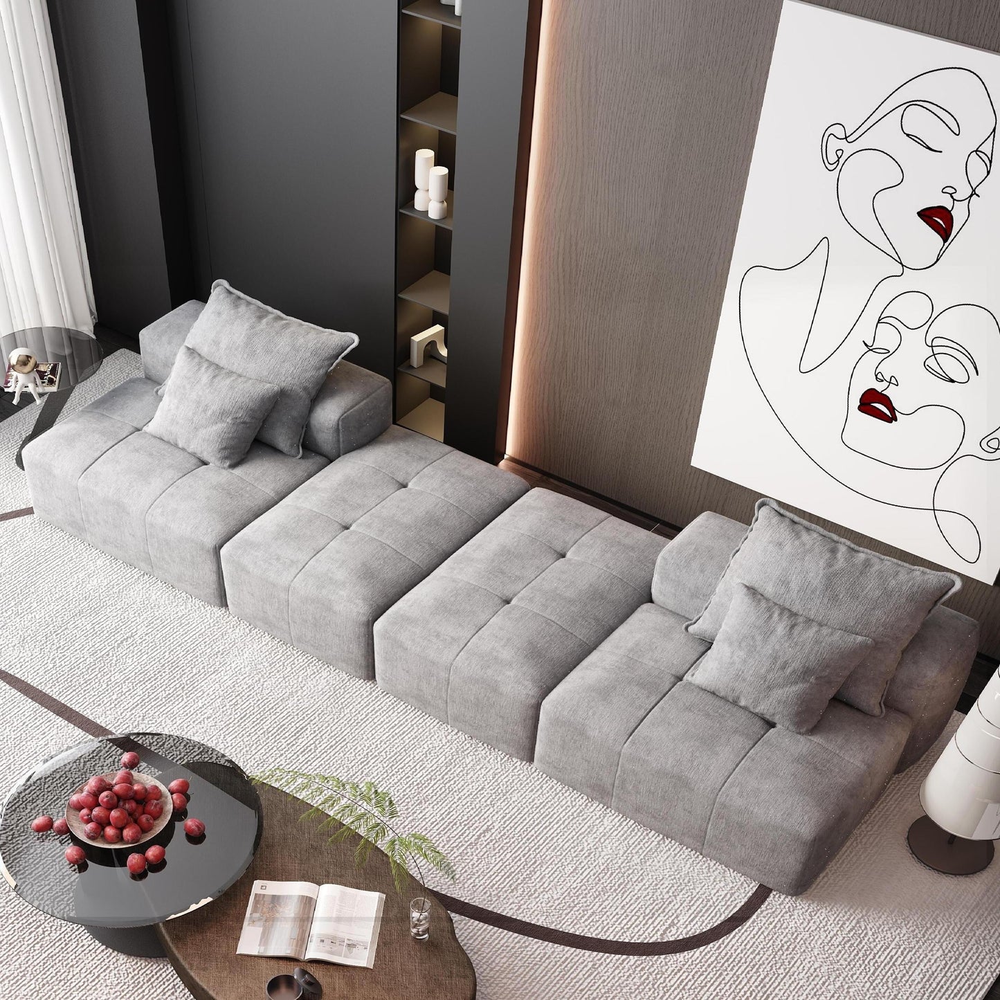 Canapé modulaire moderne surdimensionné en chenille avec 2 poufs, 2 places et 4 coussins pour le salon