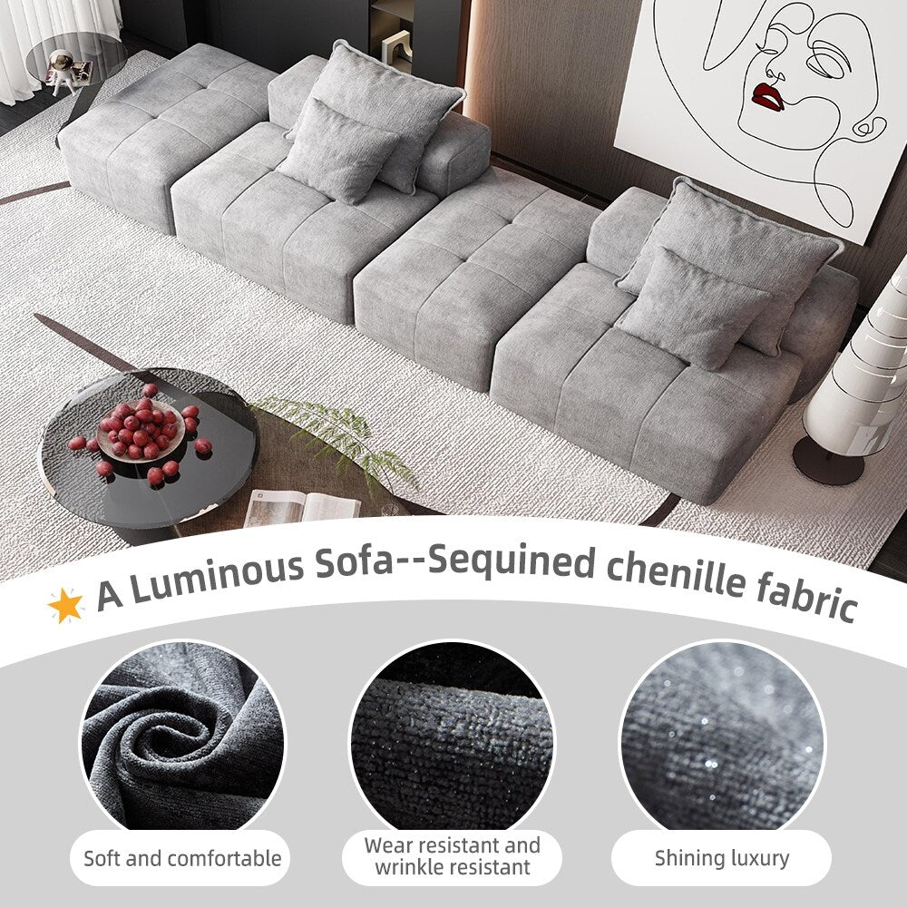 Canapé modulaire moderne surdimensionné en chenille avec 2 poufs, 2 places et 4 coussins pour le salon