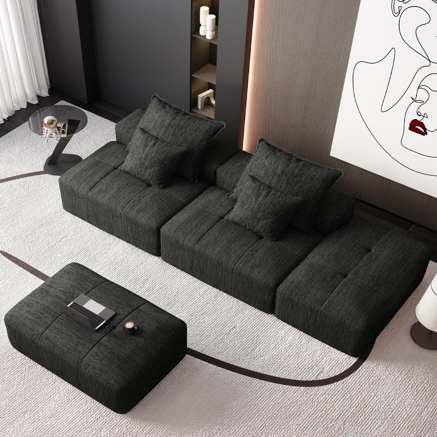 Canapé modulaire moderne surdimensionné en chenille avec 2 poufs, 2 places et 4 coussins pour le salon