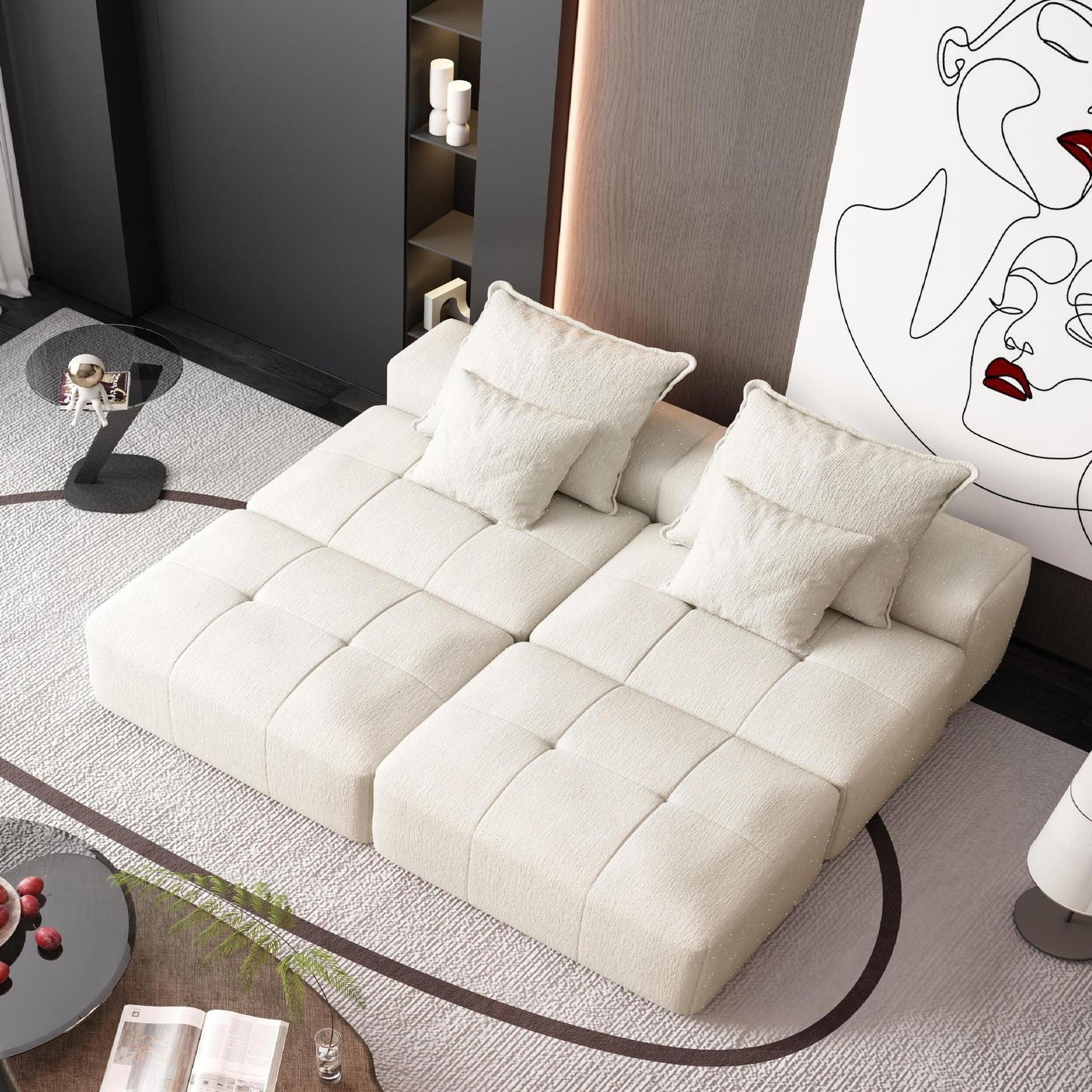 Canapé modulaire moderne surdimensionné en chenille avec 2 poufs, 2 places et 4 coussins pour le salon