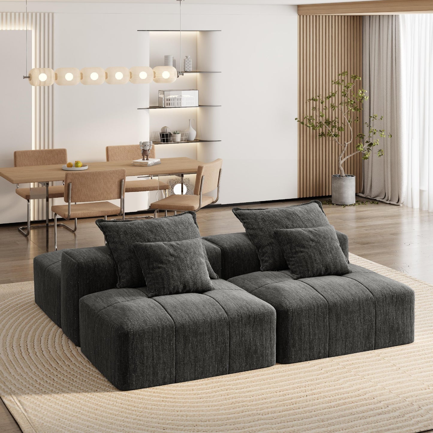 Canapé modulaire moderne surdimensionné en chenille avec 2 poufs, 2 places et 4 coussins pour le salon