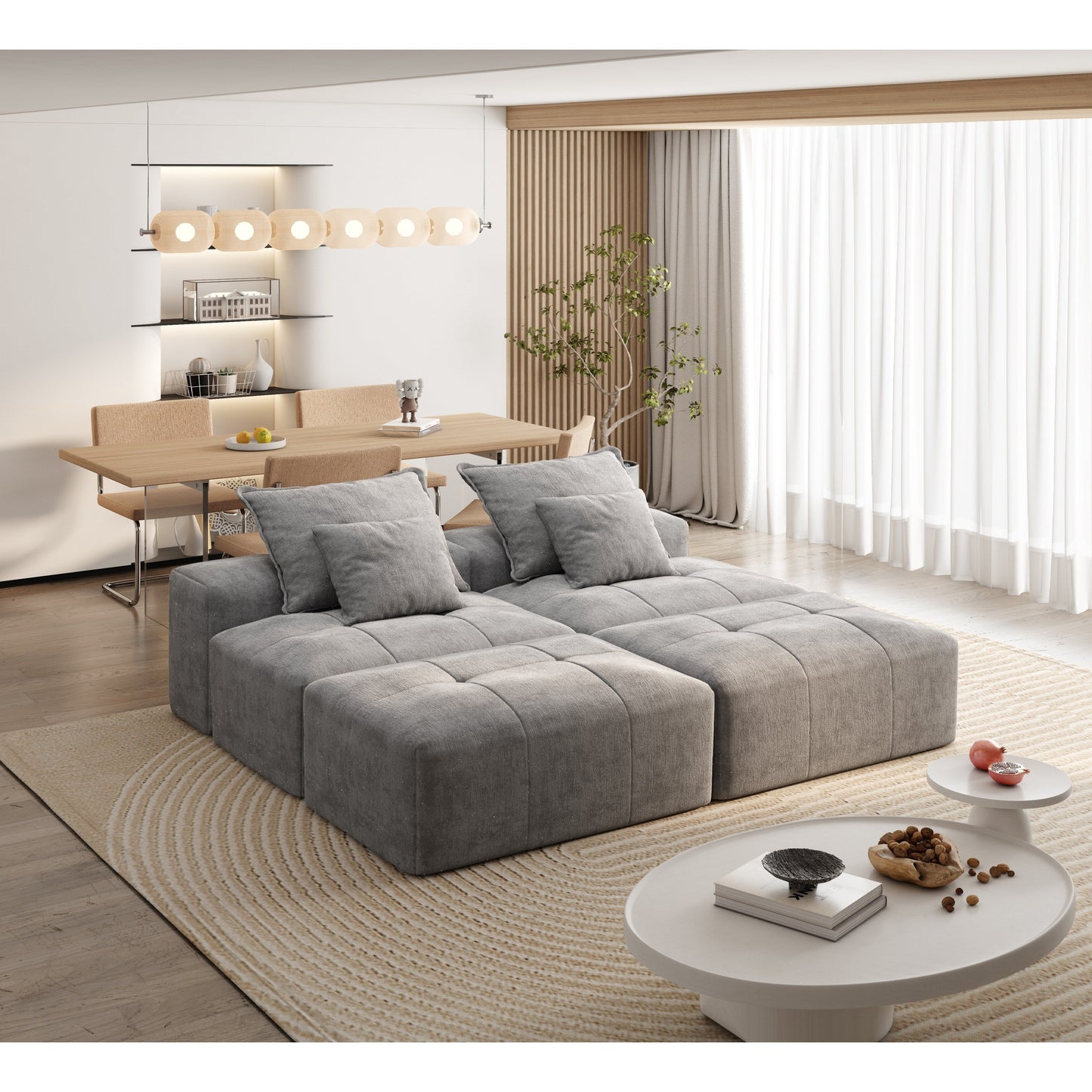 Canapé modulaire moderne surdimensionné en chenille avec 2 poufs, 2 places et 4 coussins pour le salon