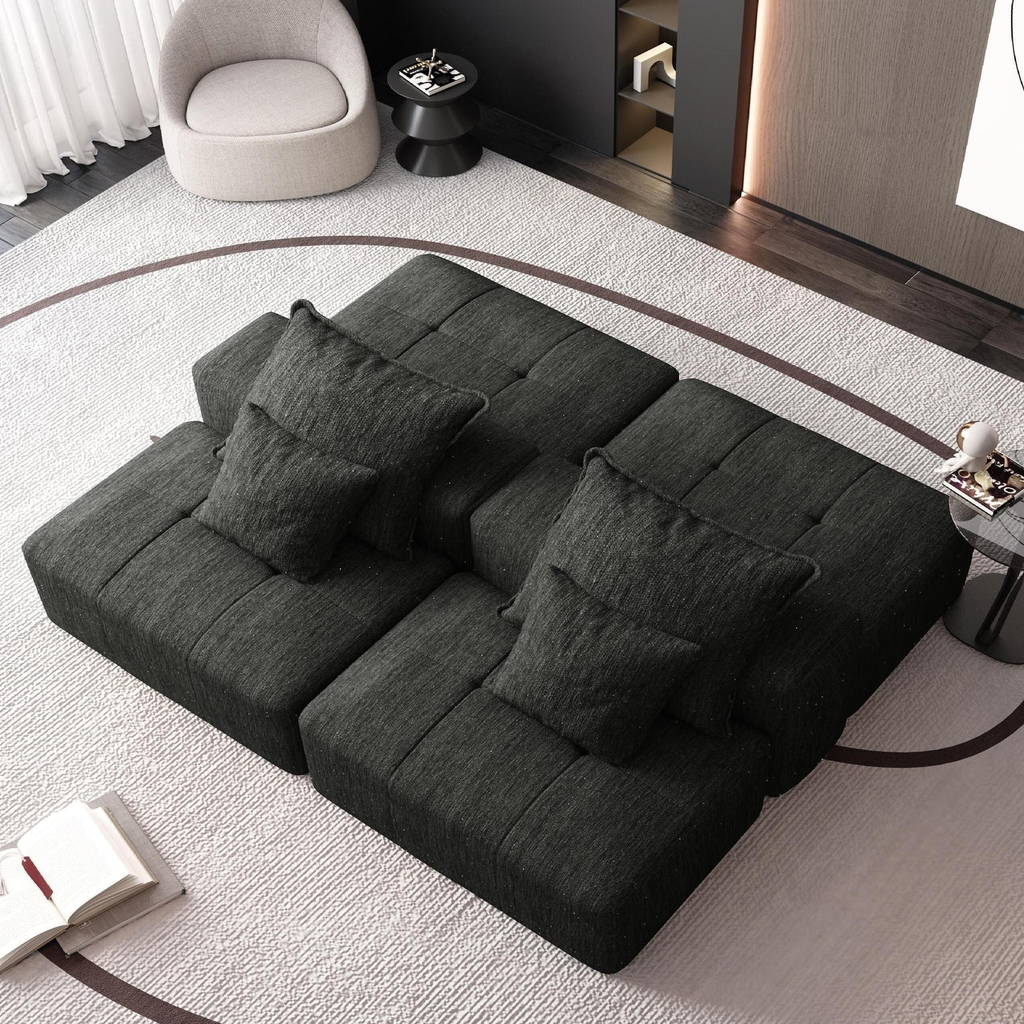 Canapé modulaire moderne surdimensionné en chenille avec 2 poufs, 2 places et 4 coussins pour le salon