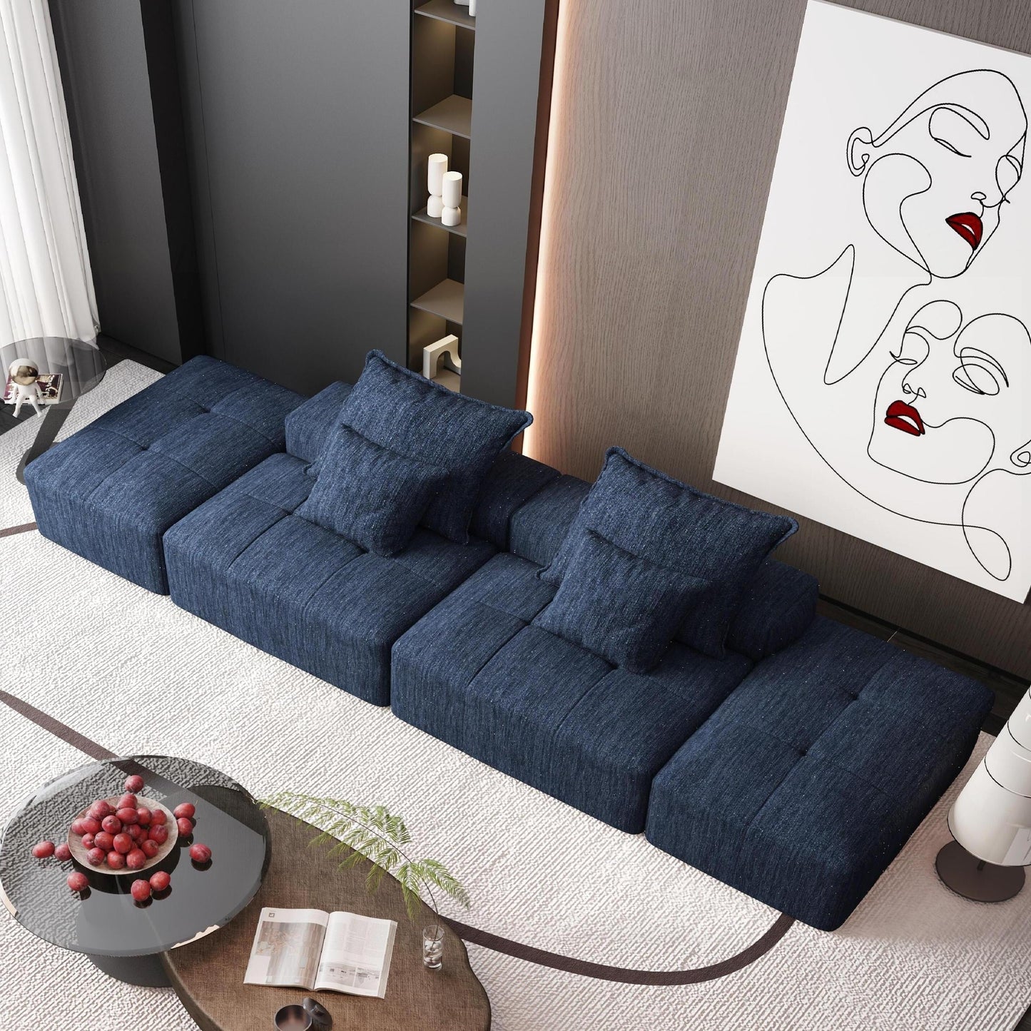 Canapé modulaire moderne surdimensionné en chenille avec 2 poufs, 2 places et 4 coussins pour le salon