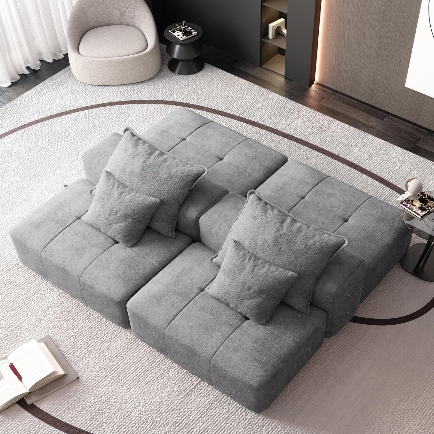 Canapé modulaire moderne surdimensionné en chenille avec 2 poufs, 2 places et 4 coussins pour le salon