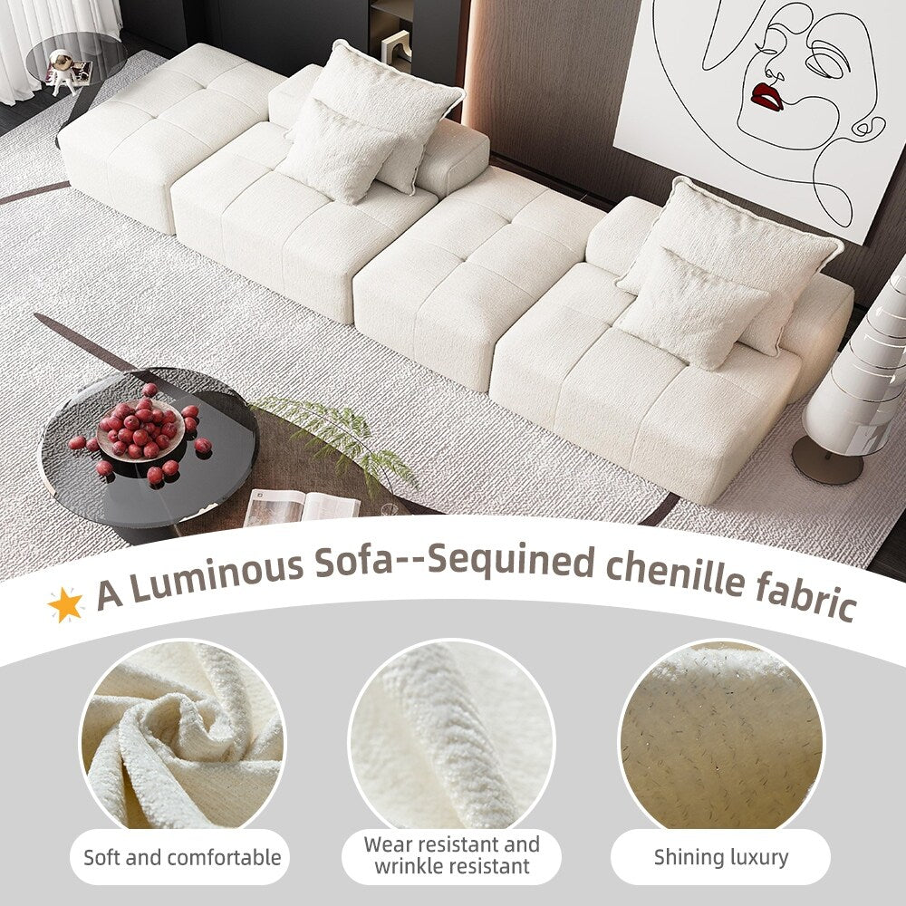 Canapé modulaire moderne surdimensionné en chenille avec 2 poufs, 2 places et 4 coussins pour le salon