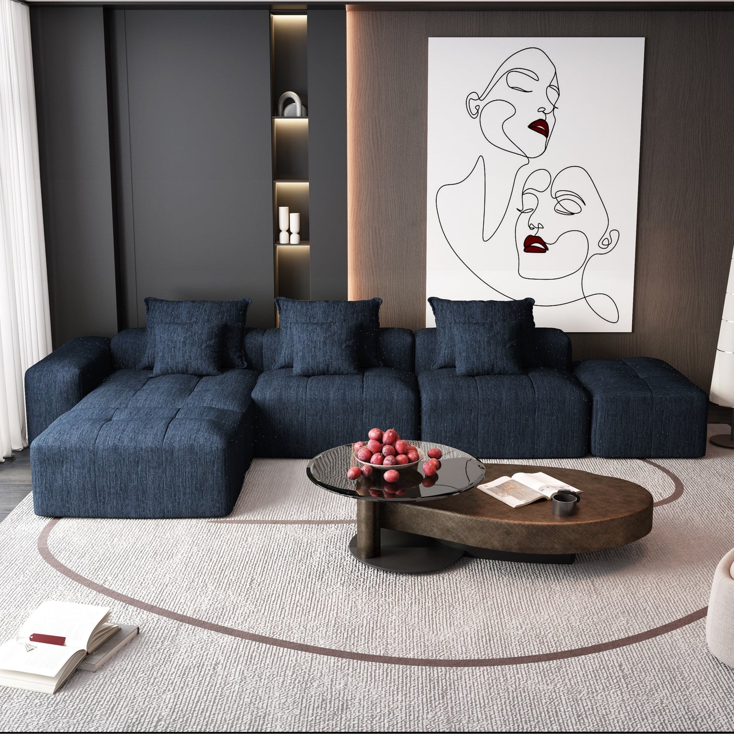 Canapé modulaire moderne surdimensionné en chenille avec coussins et 6 oreillers pour le salon