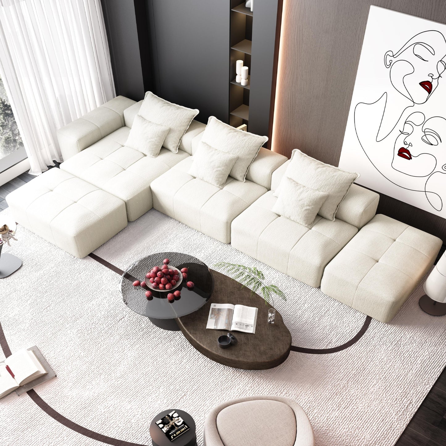 Canapé modulaire moderne surdimensionné en chenille avec coussins et 6 oreillers pour le salon