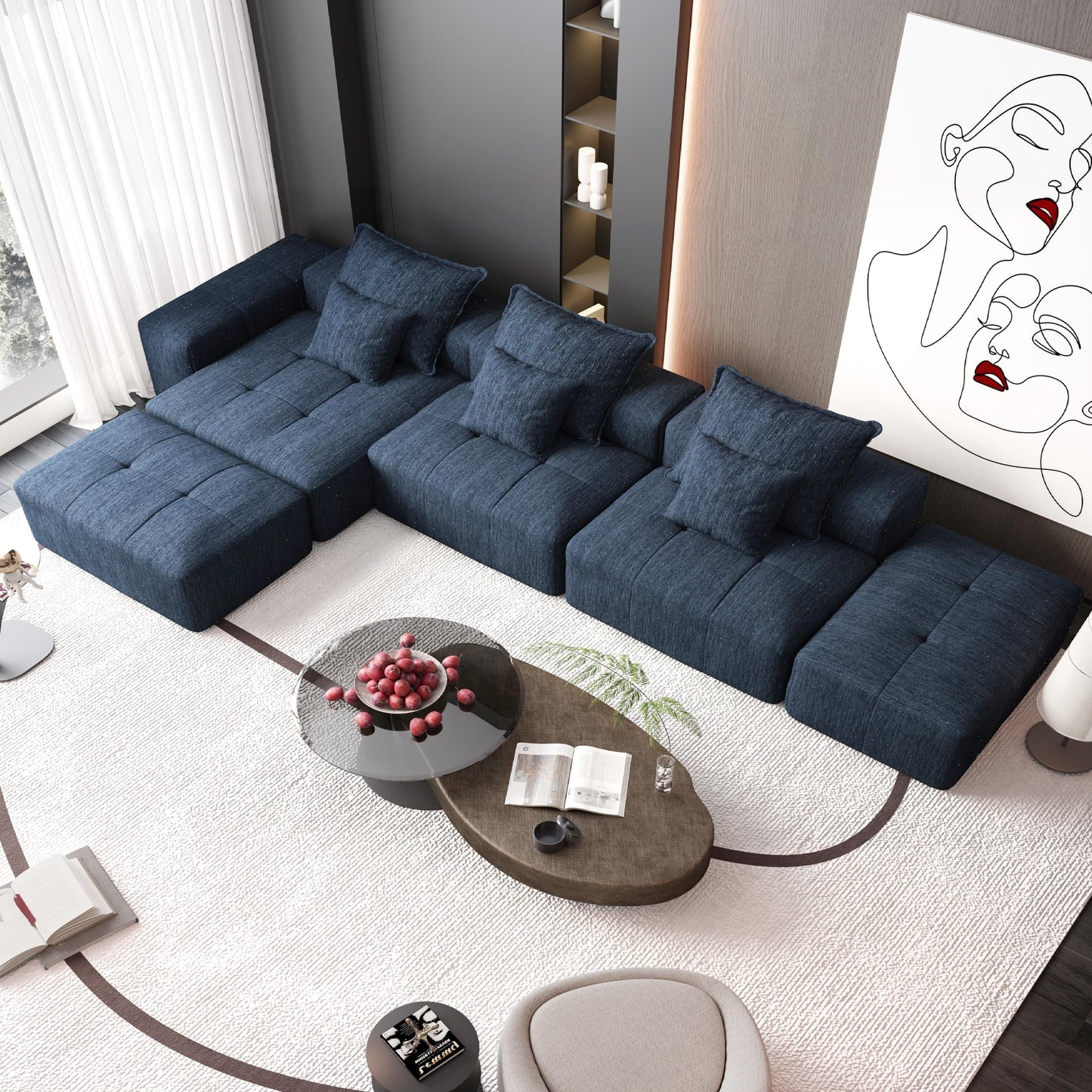 Canapé modulaire moderne surdimensionné en chenille avec coussins et 6 oreillers pour le salon