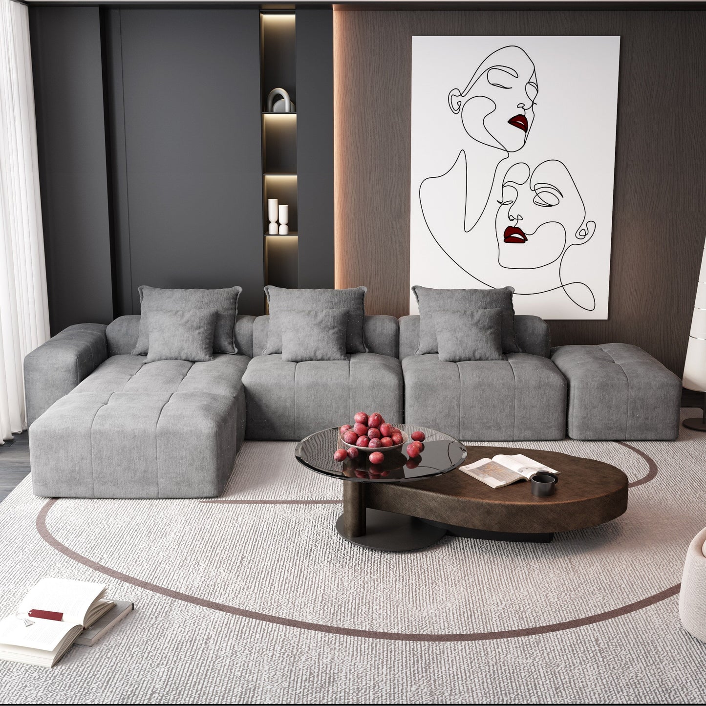 Canapé modulaire moderne surdimensionné en chenille avec coussins et 6 oreillers pour le salon