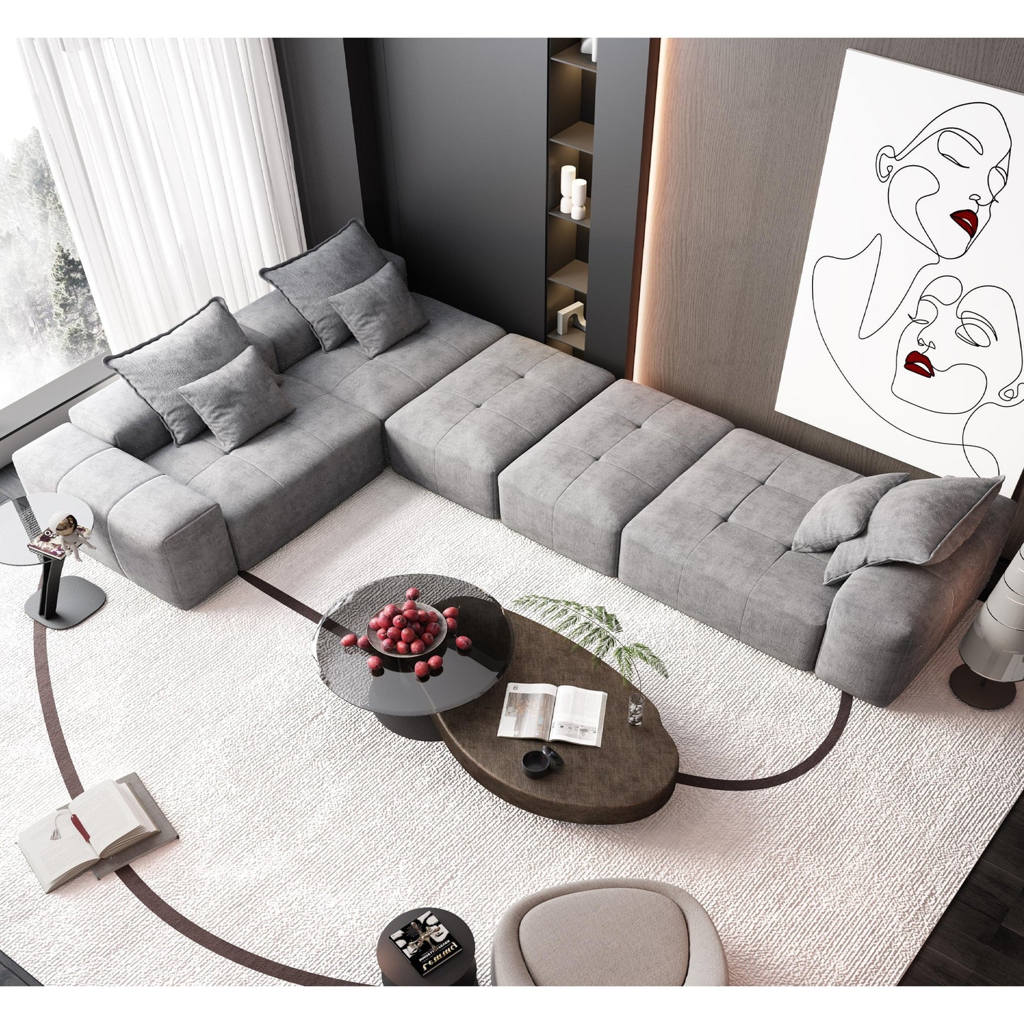 Canapé modulaire moderne surdimensionné en chenille avec coussins et 6 oreillers pour le salon