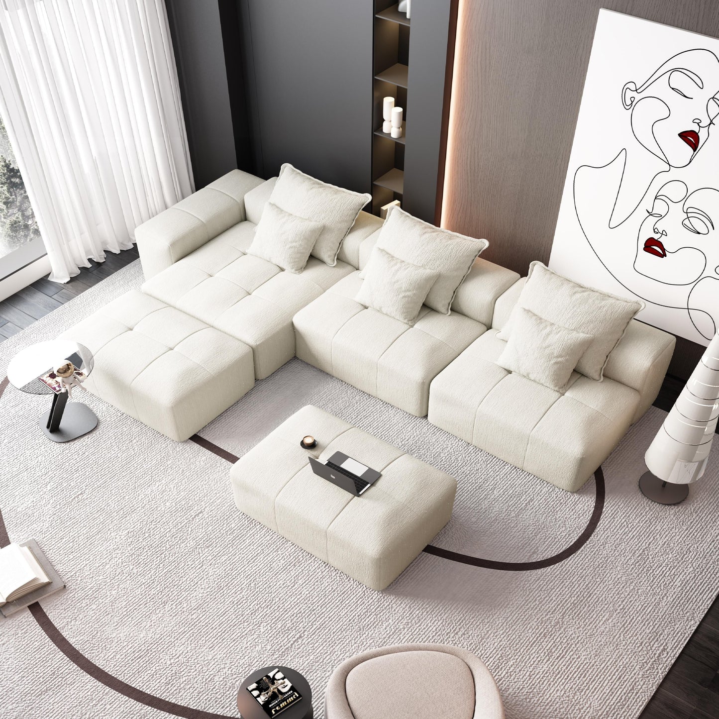 Canapé modulaire moderne surdimensionné en chenille avec coussins et 6 oreillers pour le salon