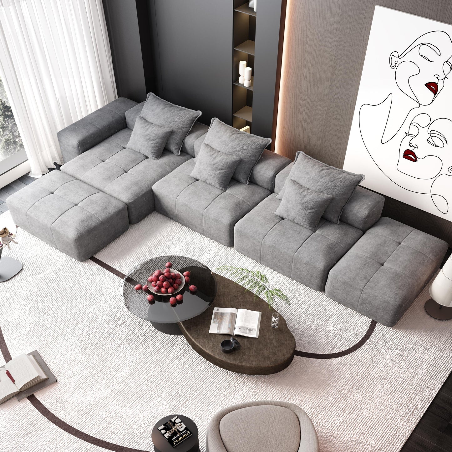 Canapé modulaire moderne surdimensionné en chenille avec coussins et 6 oreillers pour le salon