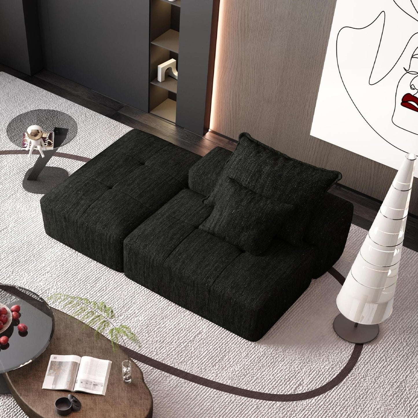 Canapé modulaire capitonné en chenille surdimensionné et moderne avec 2 oreillers et pouf pour le salon