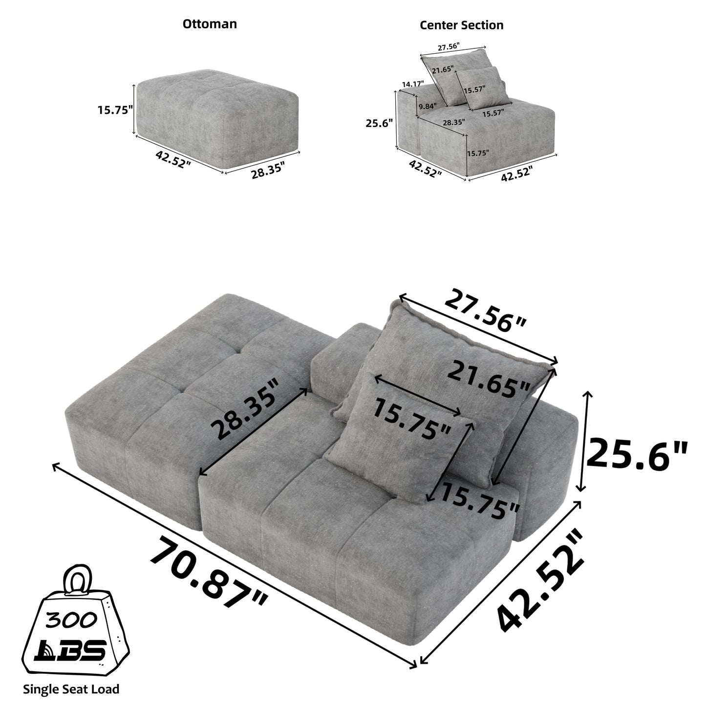 Canapé modulaire capitonné en chenille surdimensionné et moderne avec 2 oreillers et pouf pour le salon