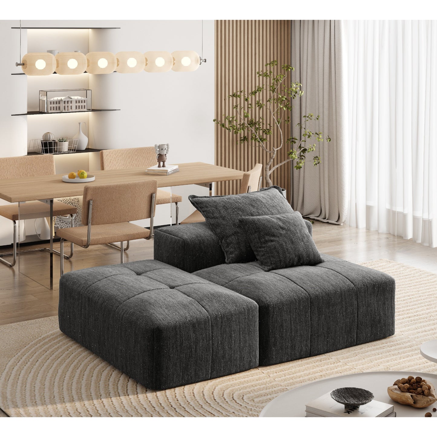 Canapé modulaire capitonné en chenille surdimensionné et moderne avec 2 oreillers et pouf pour le salon