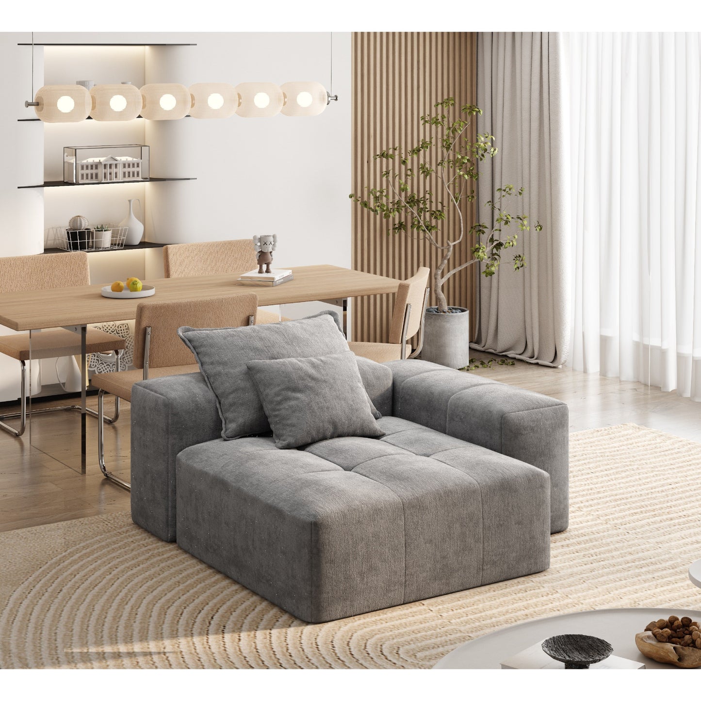 Canapé modulaire capitonné en chenille surdimensionné et moderne avec 2 coussins pour salon et bureau