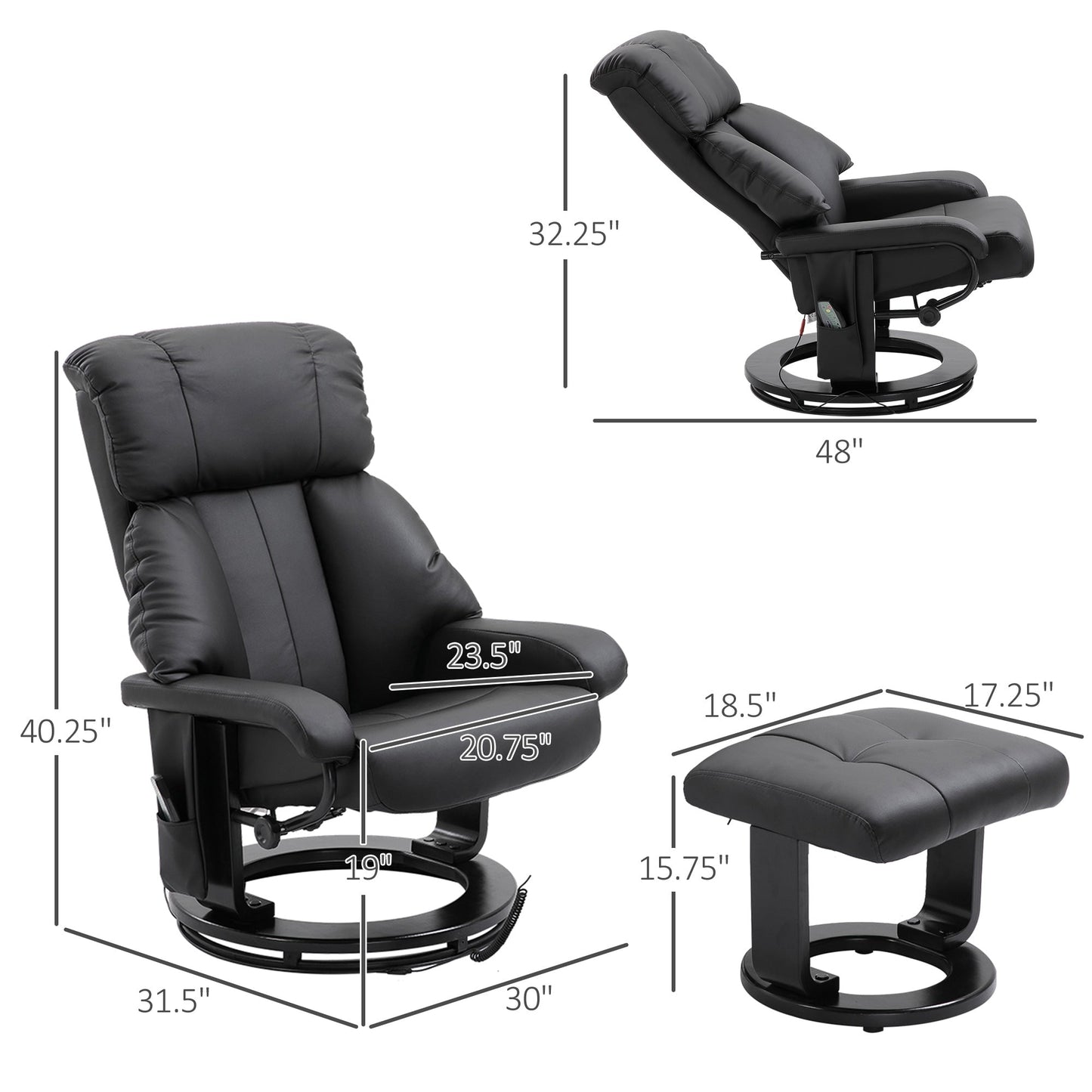 Fauteuil inclinable moderne en cuir synthétique avec repose-pieds, massage par vibrations à 10 zones et base pivotante en bois pour salon et chambre
