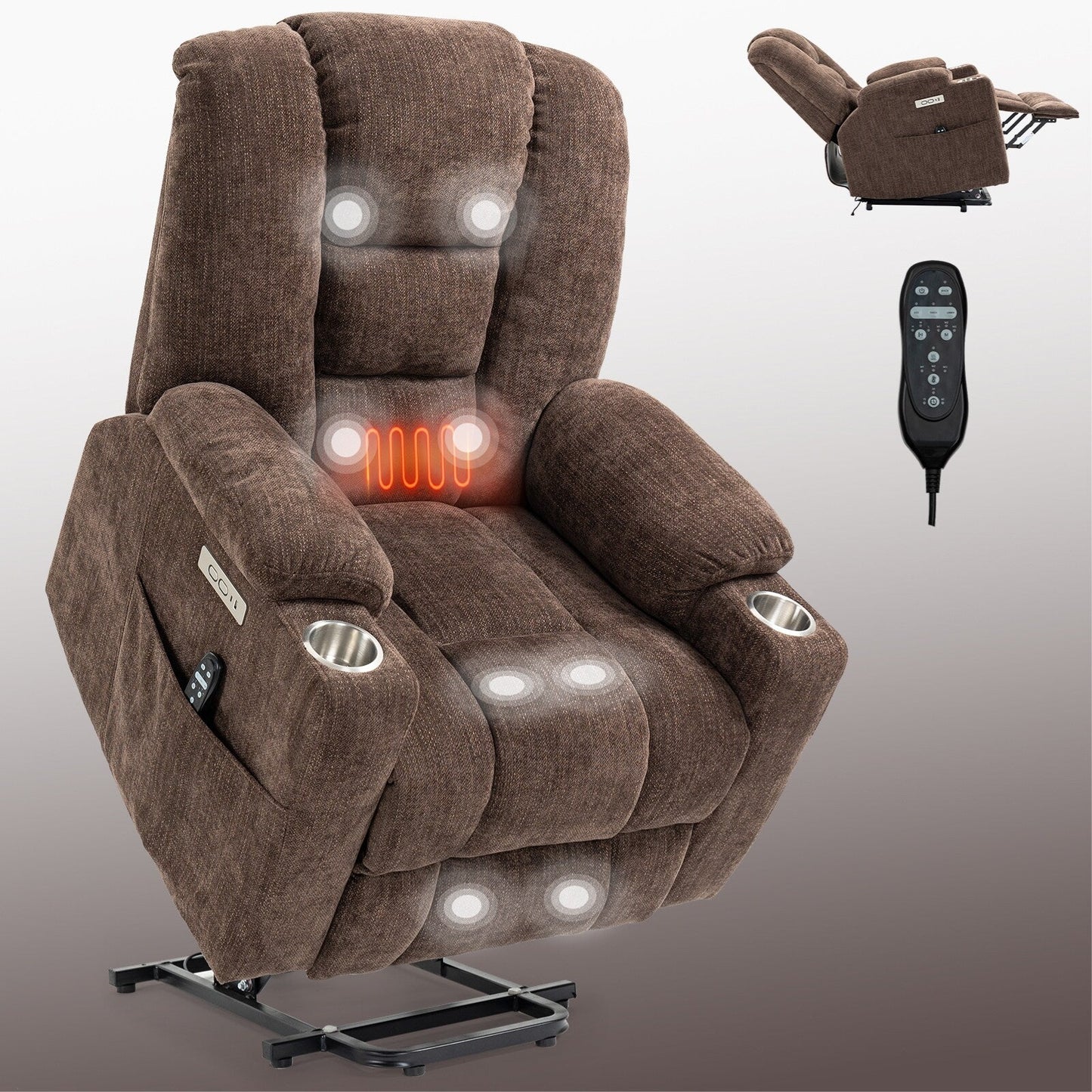 Fauteuil inclinable électrique moderne, fauteuil de massage chauffant, canapé simple rembourré avec deux ports USB et porte-gobelets