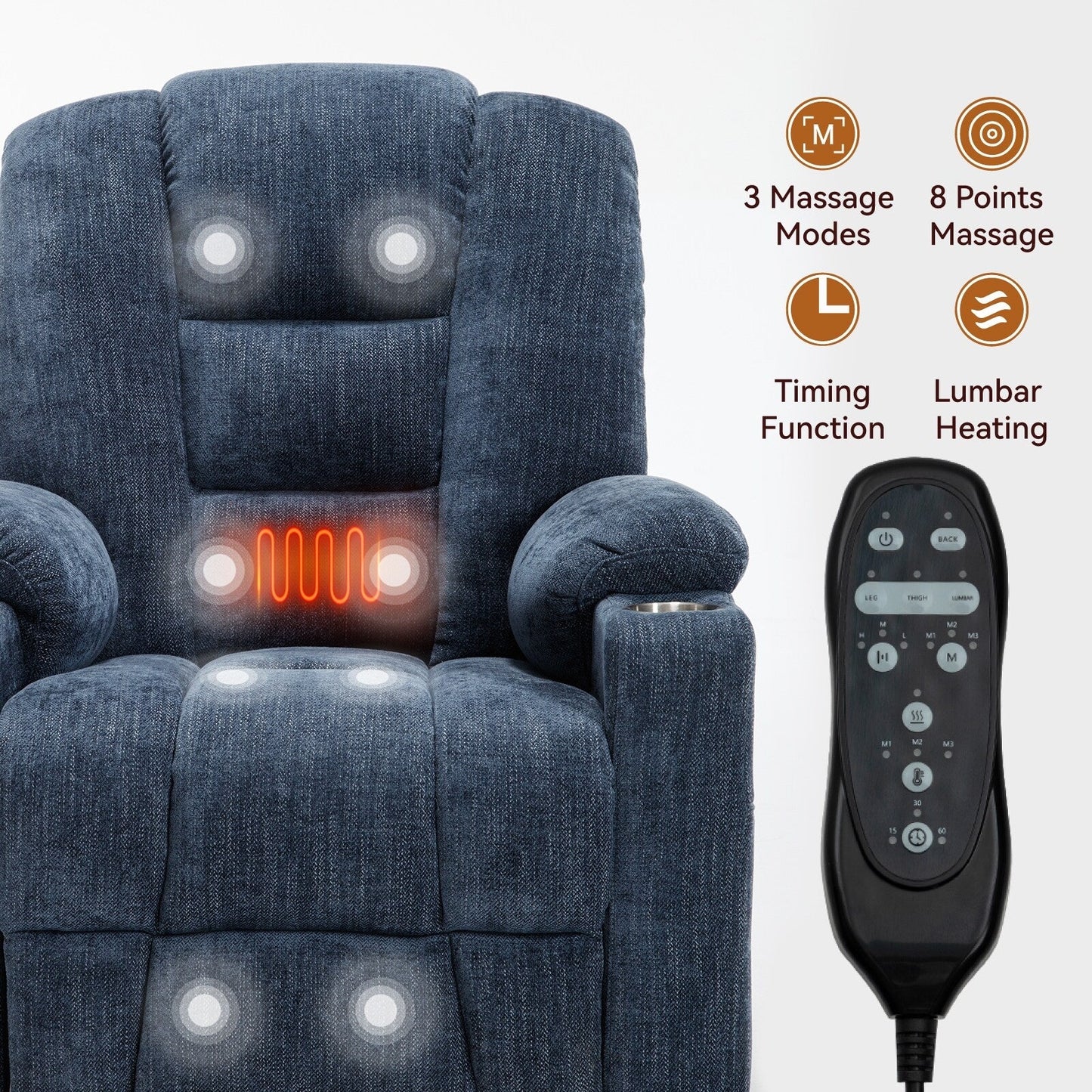 Fauteuil inclinable électrique moderne, fauteuil de massage chauffant, canapé simple rembourré avec deux ports USB et porte-gobelets
