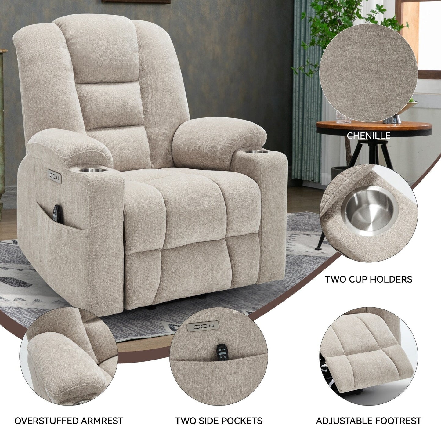 Fauteuil inclinable électrique moderne, fauteuil de massage chauffant, canapé simple rembourré avec deux ports USB et porte-gobelets