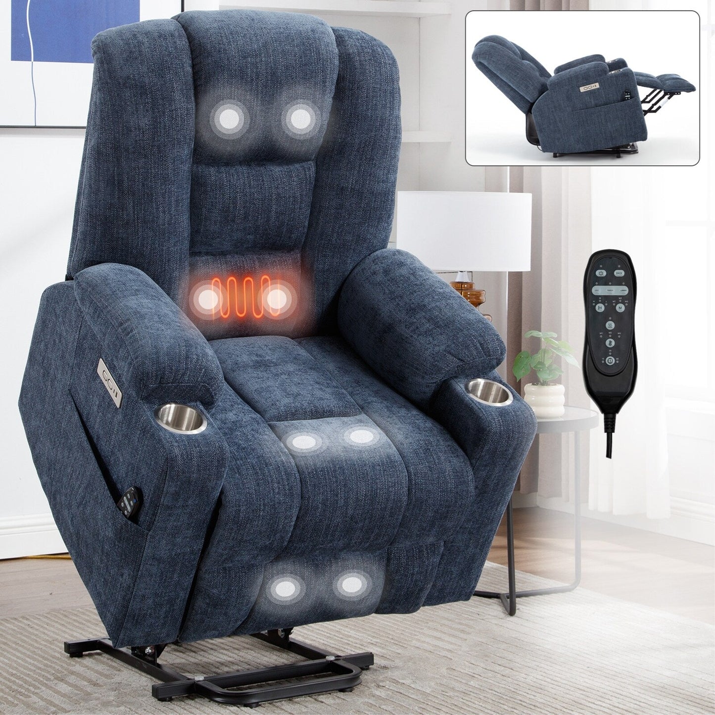 Fauteuil inclinable électrique moderne, fauteuil de massage chauffant, canapé simple rembourré avec deux ports USB et porte-gobelets