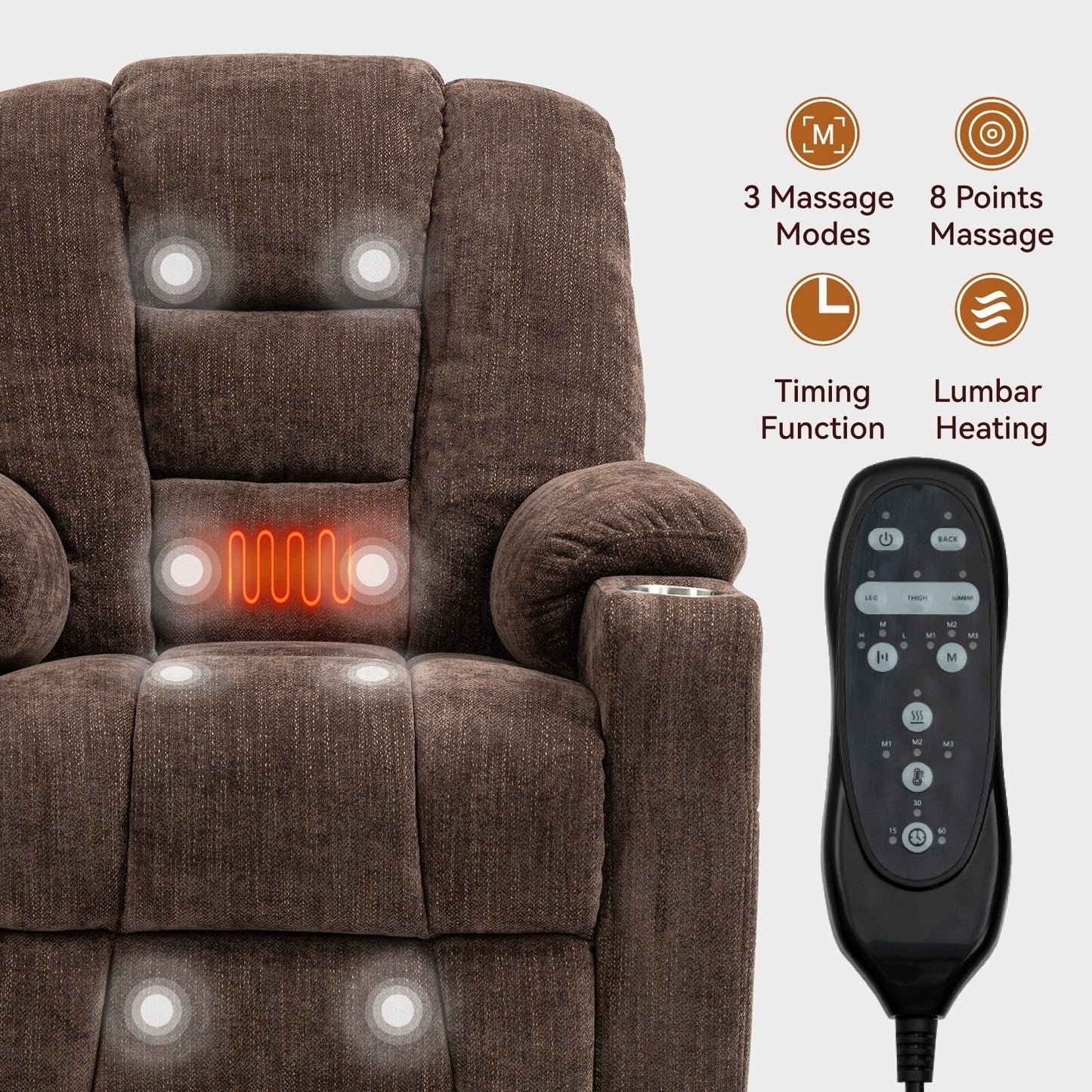 Fauteuil inclinable électrique moderne, fauteuil de massage chauffant, canapé simple rembourré avec deux ports USB et porte-gobelets