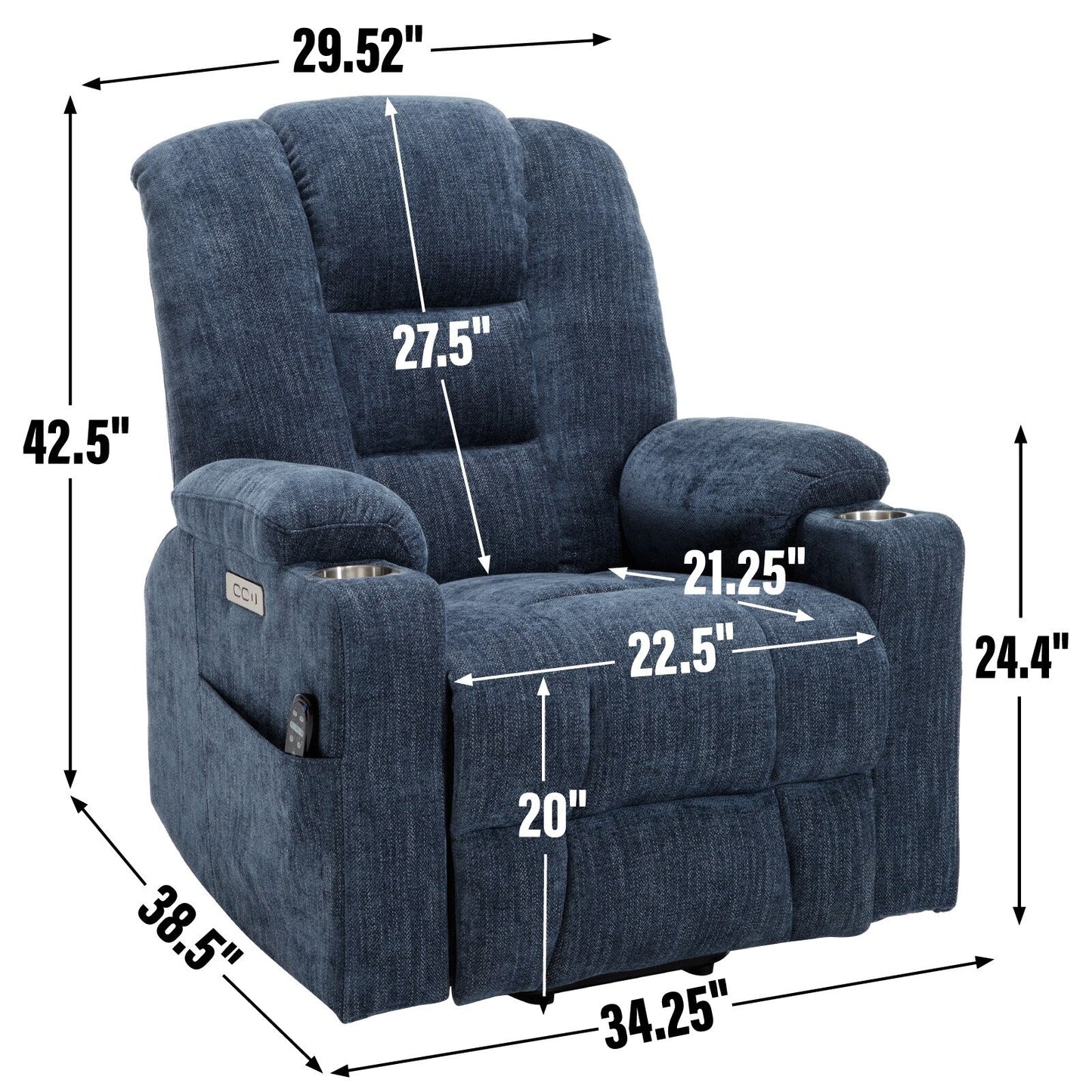Fauteuil inclinable électrique moderne, fauteuil de massage chauffant, canapé simple rembourré avec deux ports USB et porte-gobelets