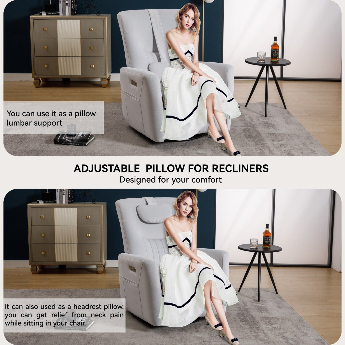 Canapé inclinable électrique moderne, pivotant et réglable, avec ports USB et Type-C, oreiller amovible