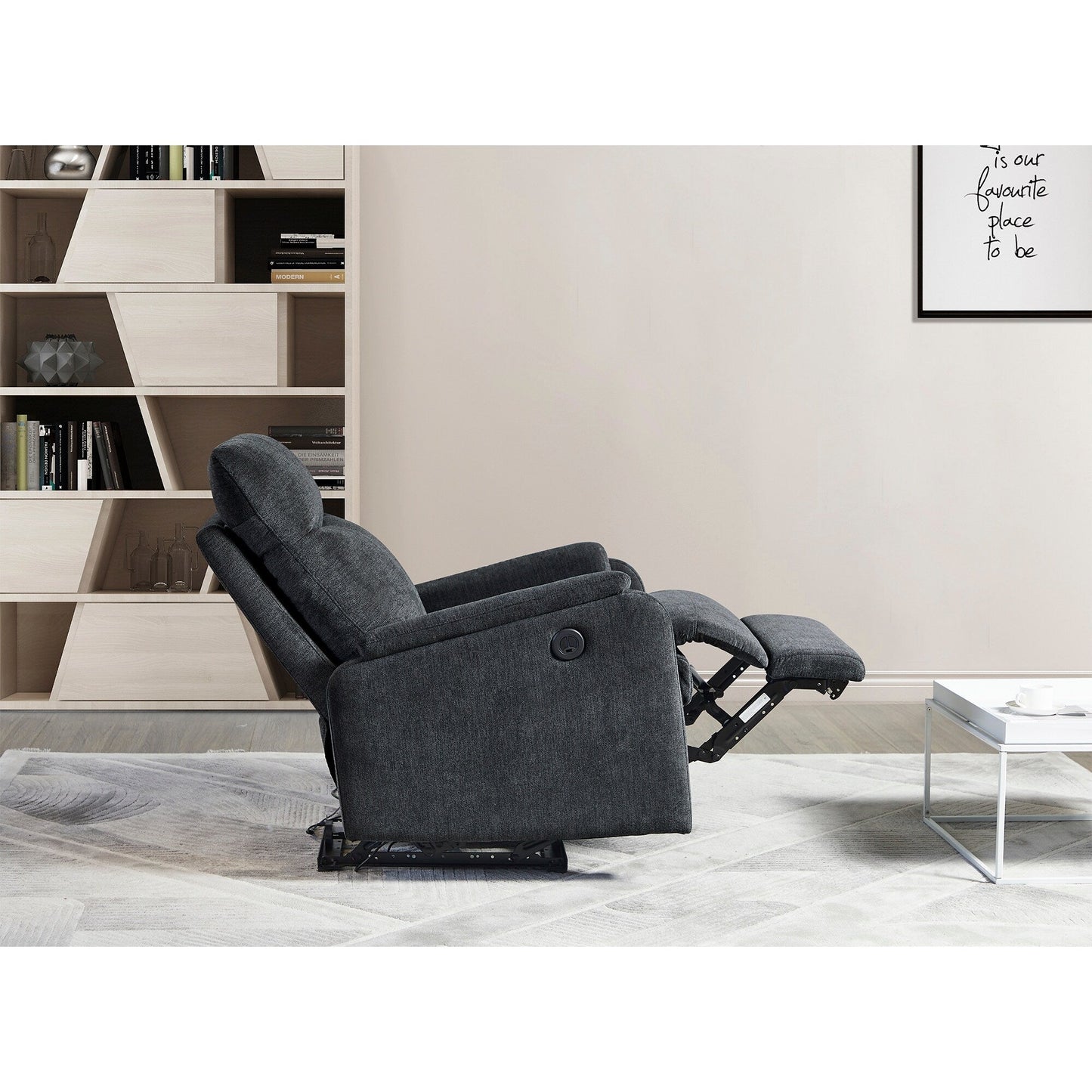 Fauteuil inclinable électrique moderne avec port USB, dossier haut et revêtement facile à nettoyer pour salon ou chambre.