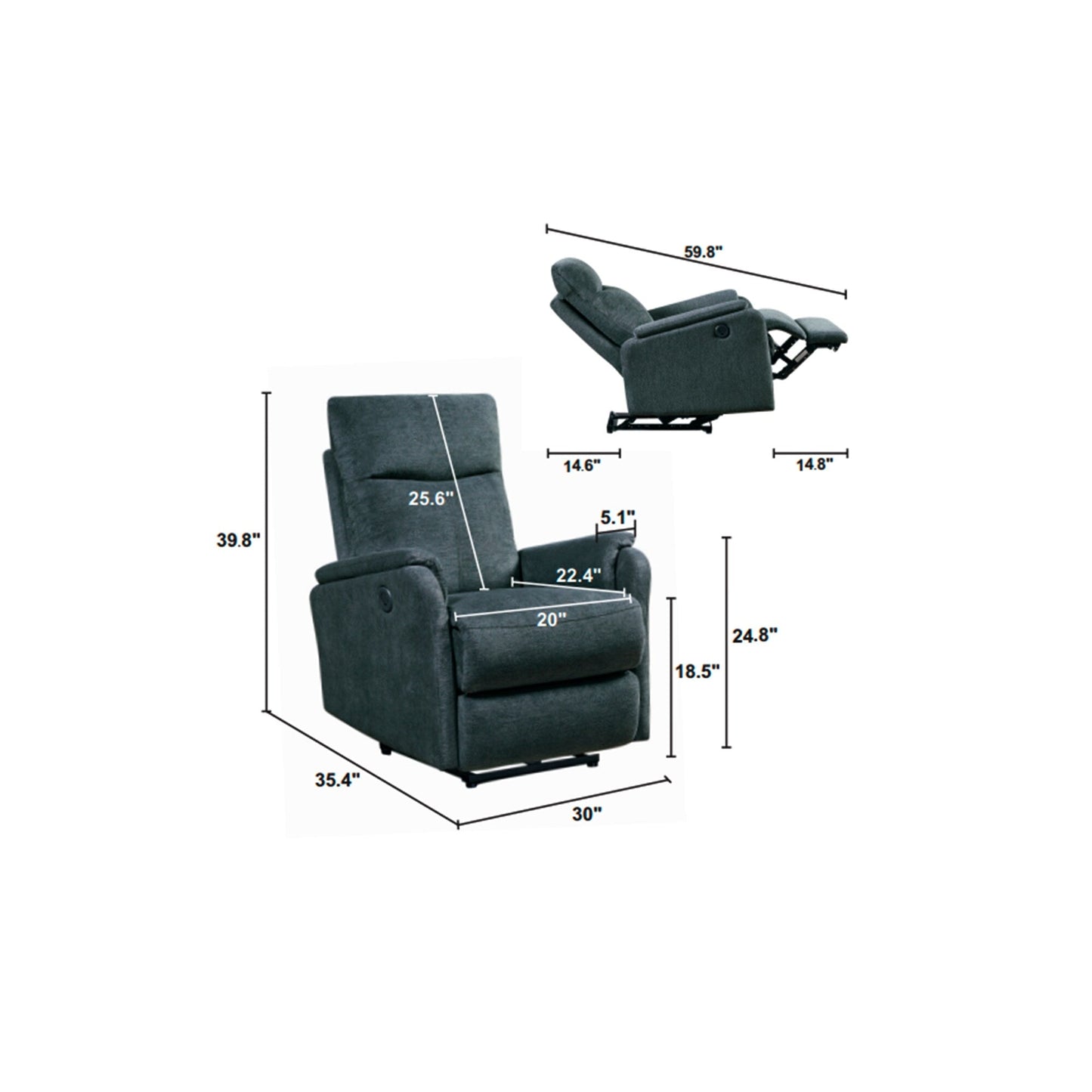 Fauteuil inclinable électrique moderne avec port USB, dossier haut et revêtement facile à nettoyer pour salon ou chambre.