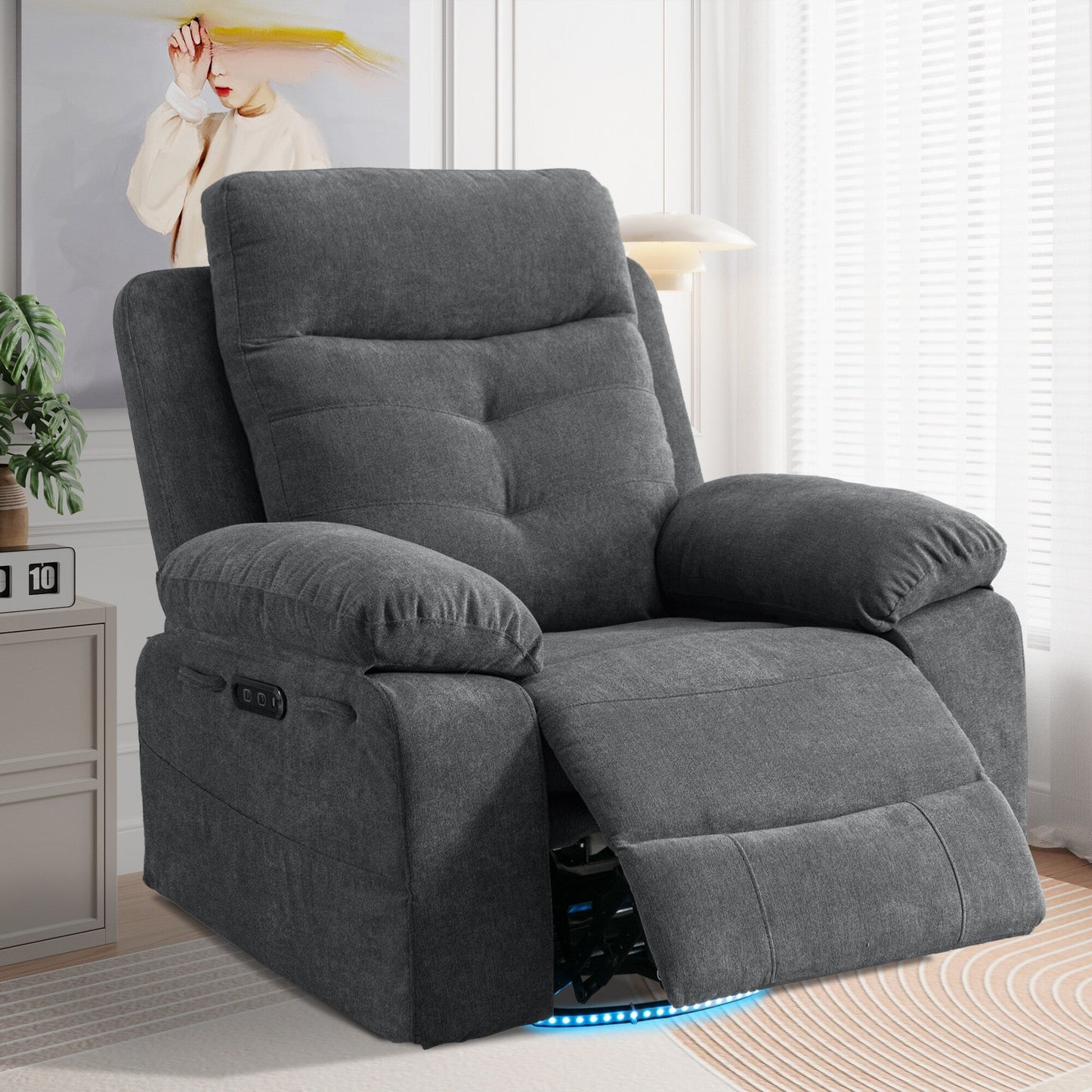 Fauteuil inclinable électrique moderne avec haut-parleur Bluetooth, éclairage LED, ports de chargement USB, repose-pieds rétractable et poches de rangement