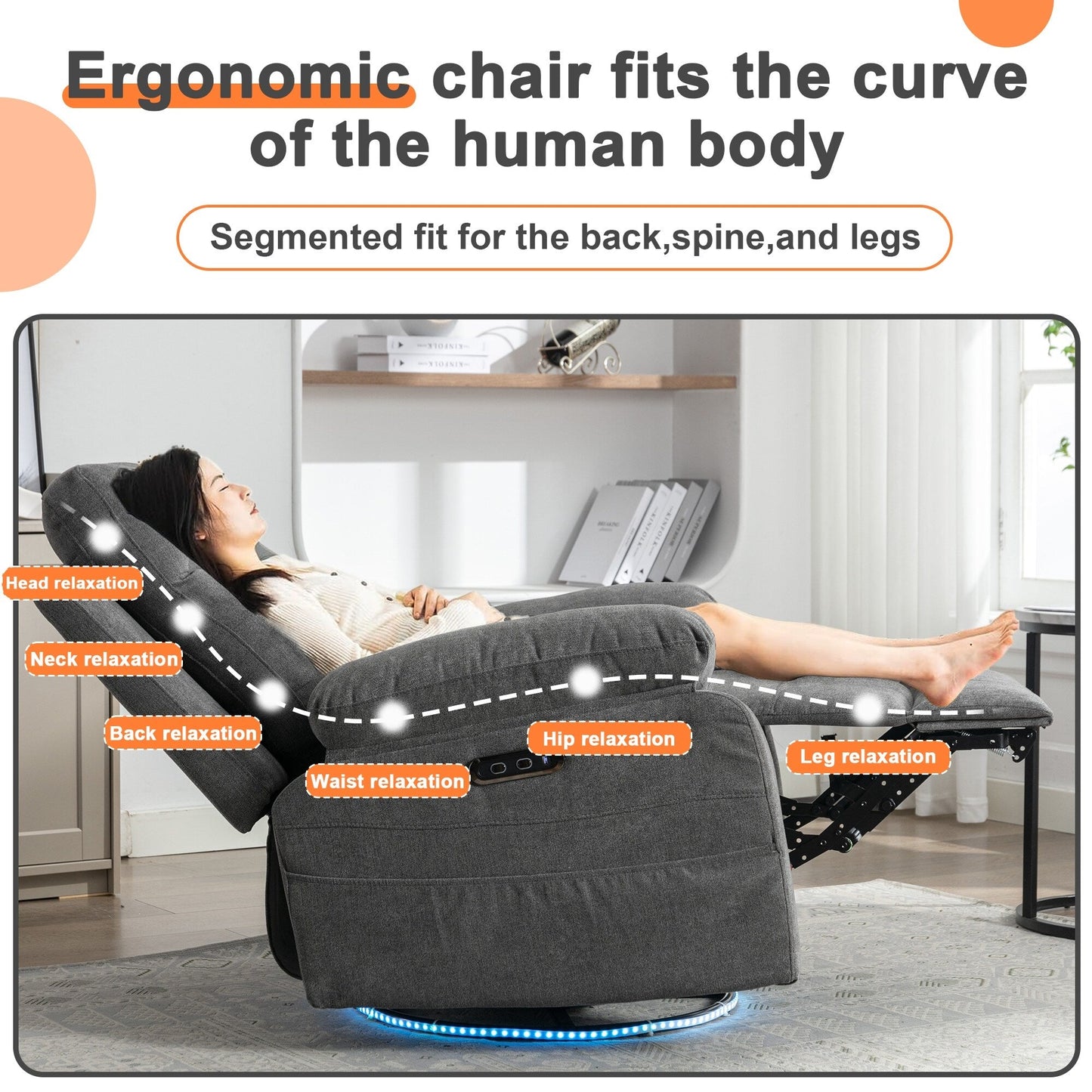 Fauteuil inclinable électrique moderne avec haut-parleur Bluetooth, éclairage LED, ports de chargement USB, repose-pieds rétractable et poches de rangement