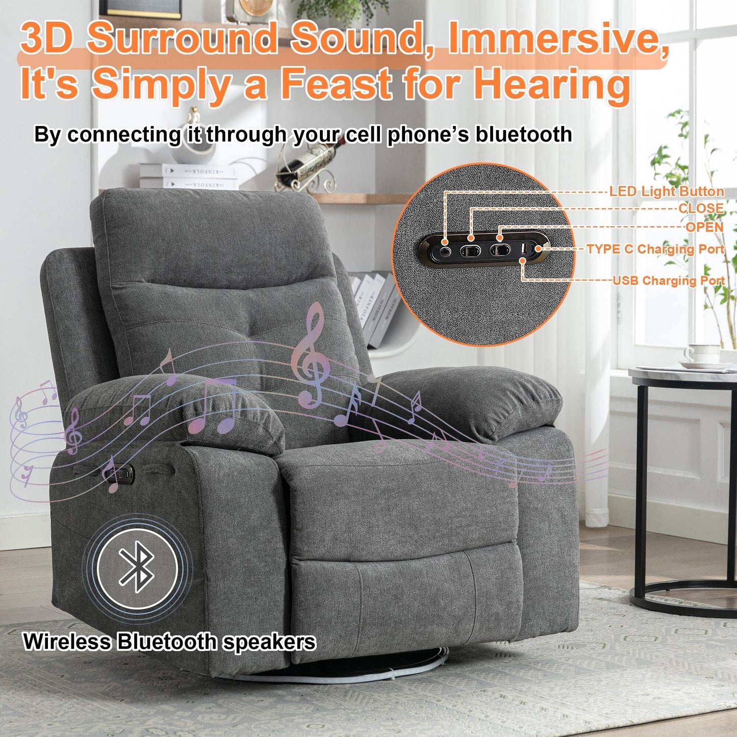 Fauteuil inclinable électrique moderne avec haut-parleur Bluetooth, éclairage LED, ports de chargement USB, repose-pieds rétractable et poches de rangement