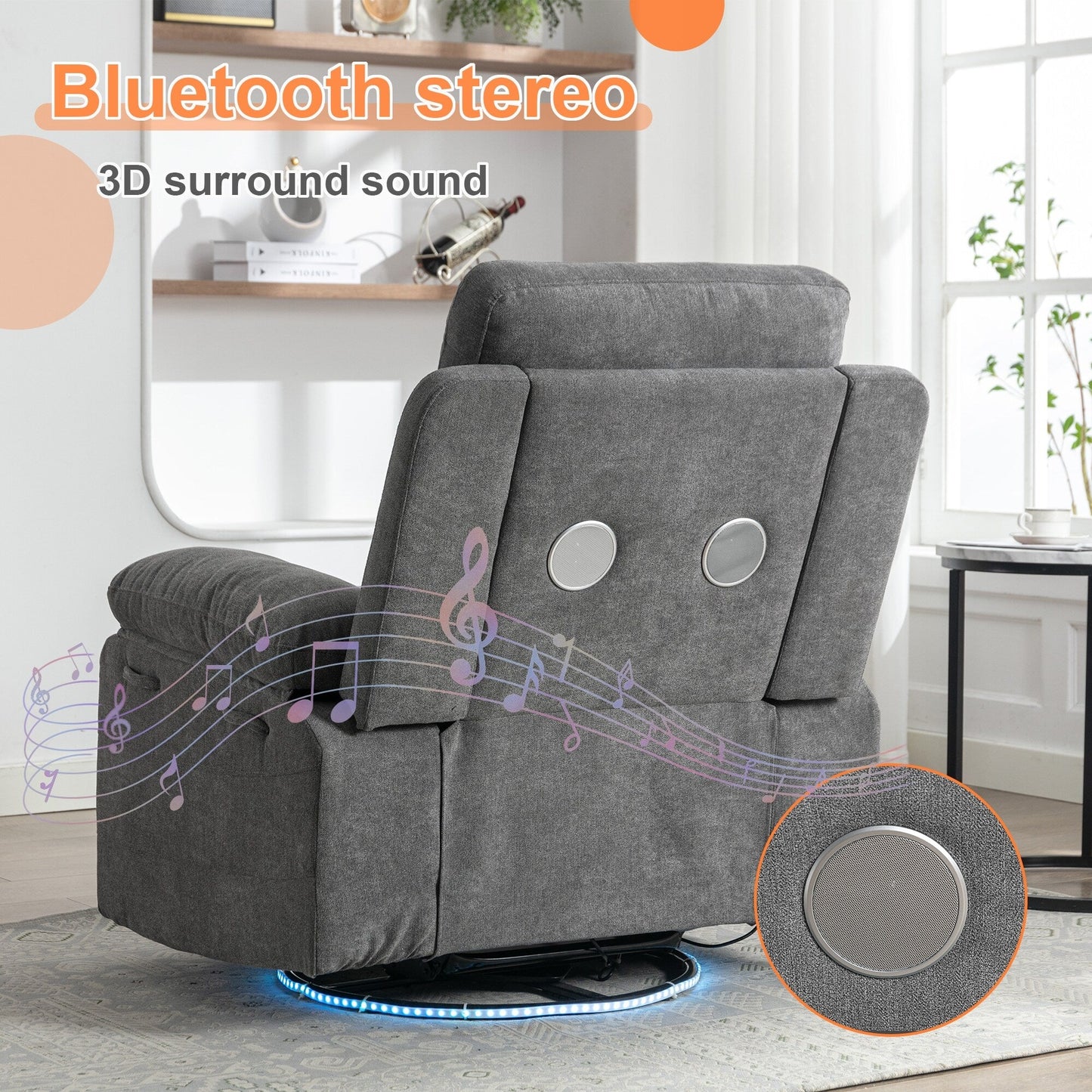 Fauteuil inclinable électrique moderne avec haut-parleur Bluetooth, éclairage LED, ports de chargement USB, repose-pieds rétractable et poches de rangement