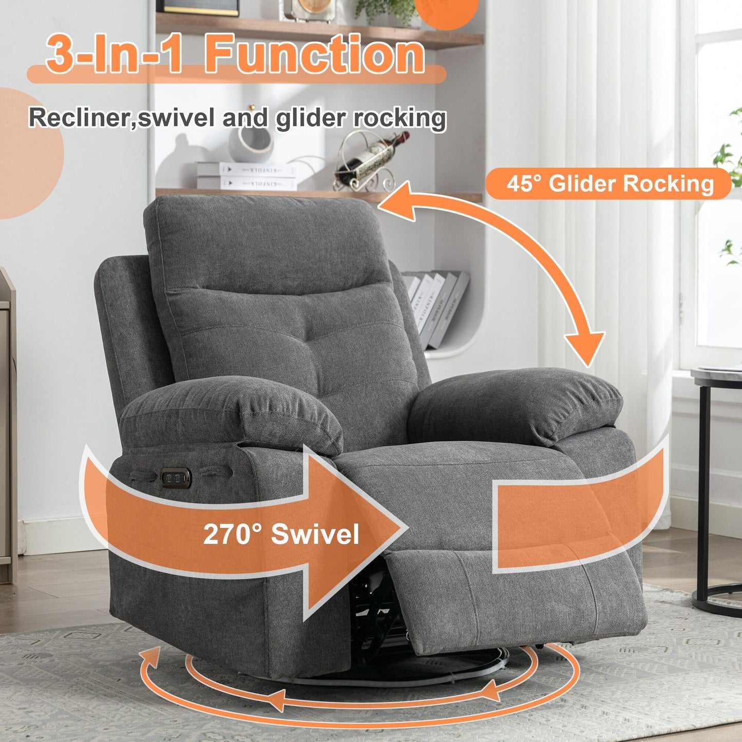 Fauteuil inclinable électrique moderne avec haut-parleur Bluetooth, éclairage LED, ports de chargement USB, repose-pieds rétractable et poches de rangement