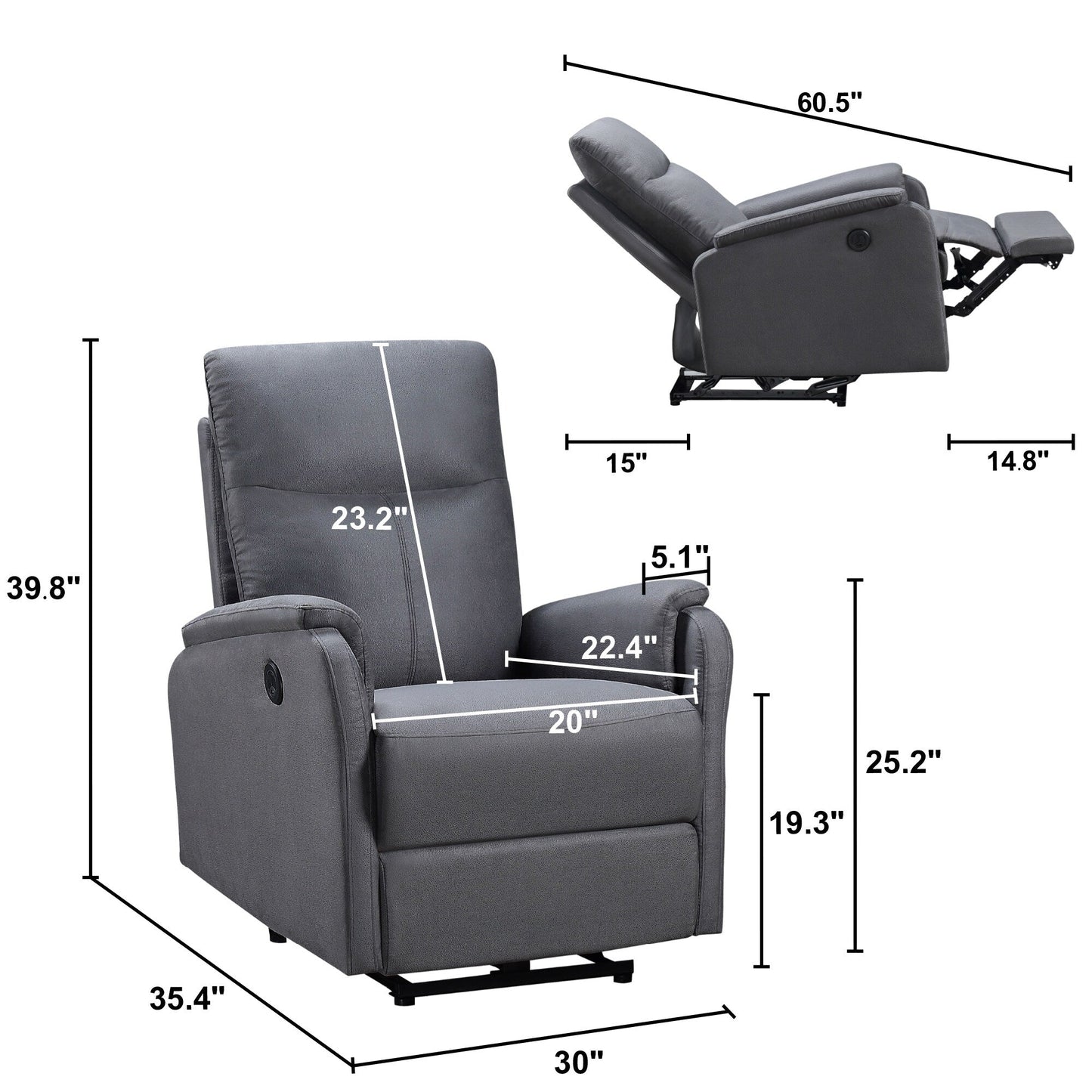 Fauteuil inclinable électrique moderne avec port USB, support complet de la tête et des lombaires, tissu facile à nettoyer