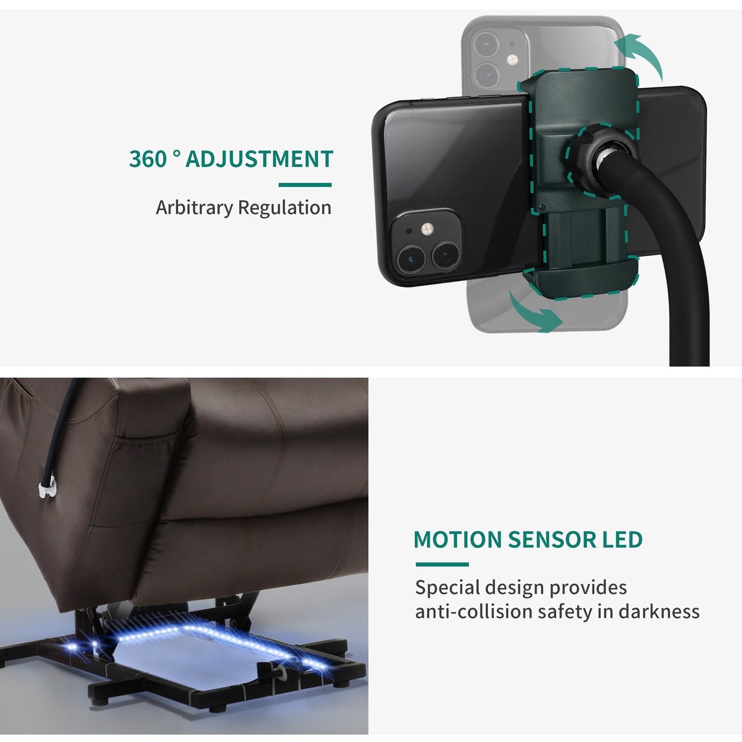 Fauteuil de massage inclinable moderne en tissu avec LED et support pour téléphone portable