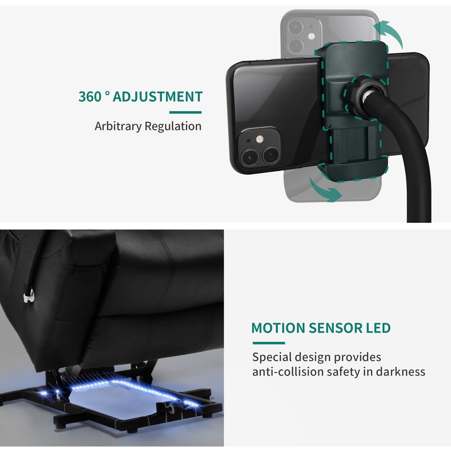 Fauteuil de massage inclinable moderne en tissu avec LED et support pour téléphone portable