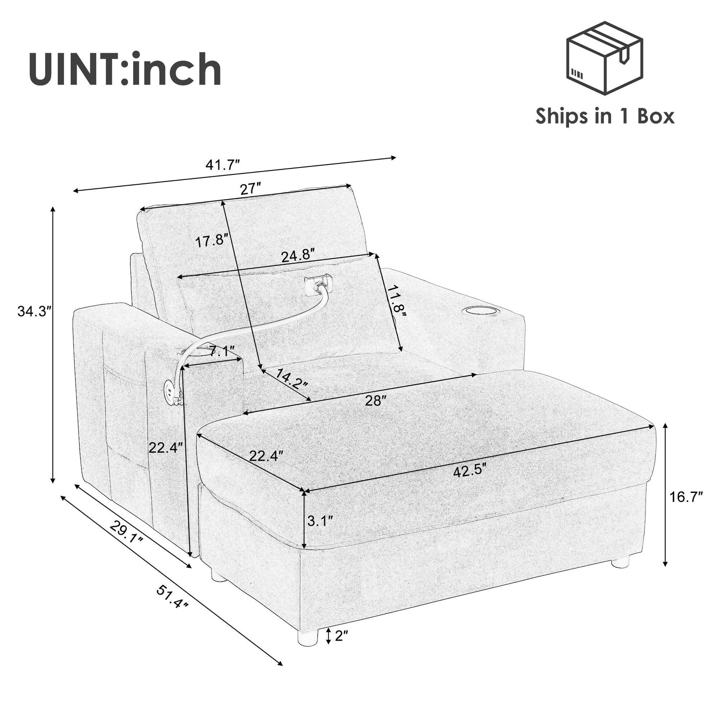Fauteuil de style moderne 42,5" Chaise longue Canapé avec un coffre de rangement amovible, deux ports USB, deux porte-gobelets
