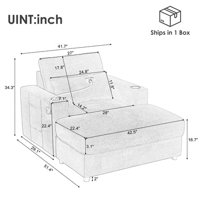 Fauteuil de style moderne 42,5" Chaise longue Canapé avec un coffre de rangement amovible, deux ports USB, deux porte-gobelets